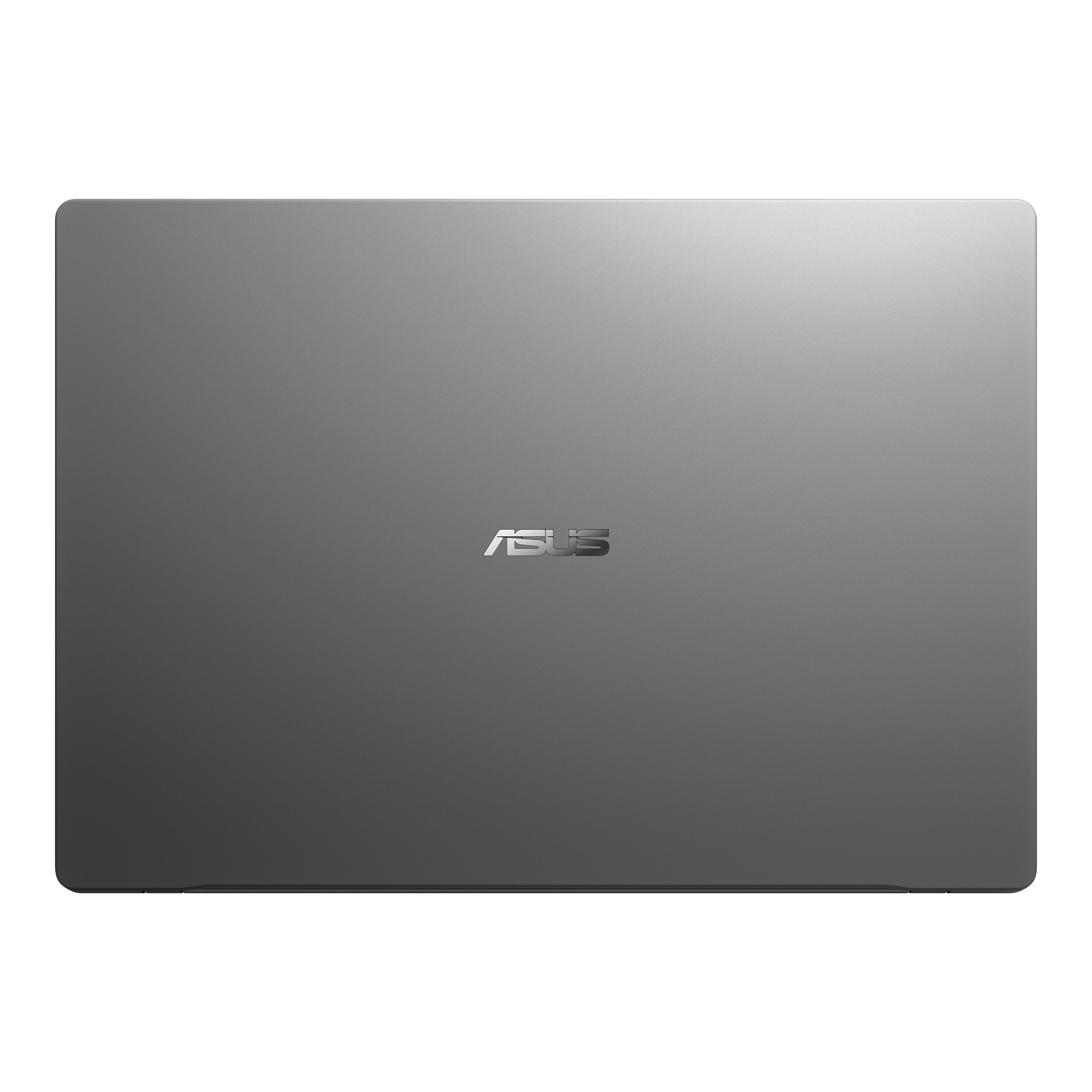 Beyaz arka plan üzerinde kapağında parlak bir logo bulunan kapalı gri Asus dizüstü bilgisayar.