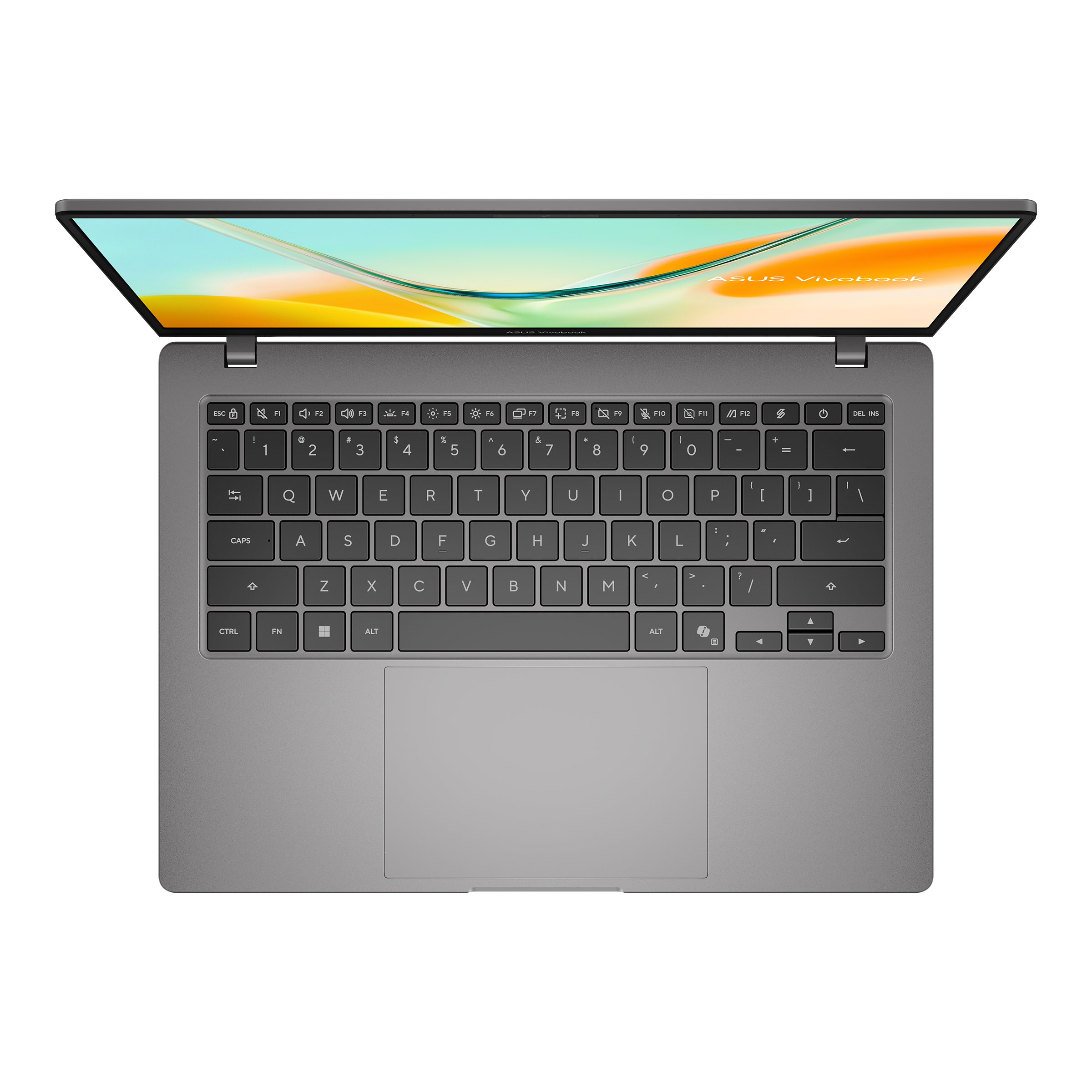 Yukarıdan görünen gri Asus Vivobook dizüstü bilgisayar, ekran ve klavye.
