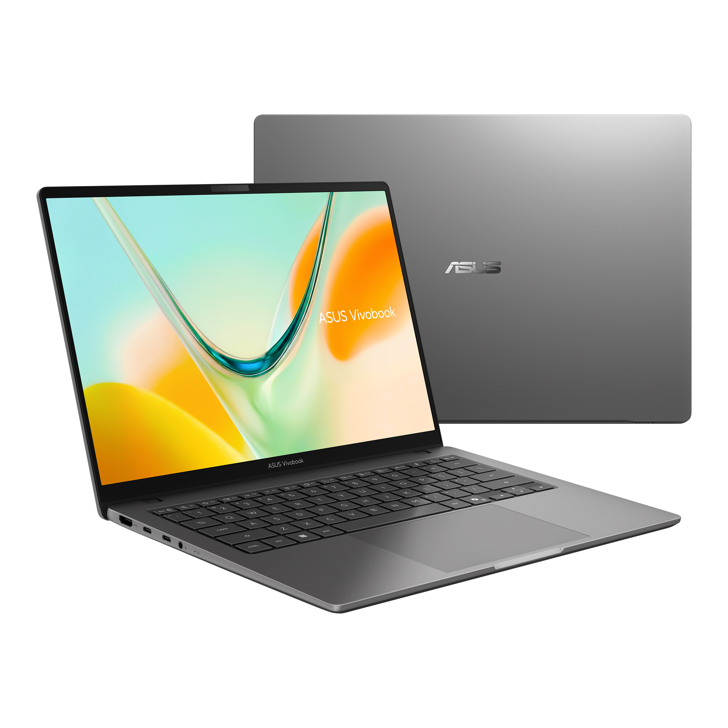 Arka planda kapalı görünüm ve açık ekran gösteren gri ASUS Vivobook dizüstü bilgisayar.