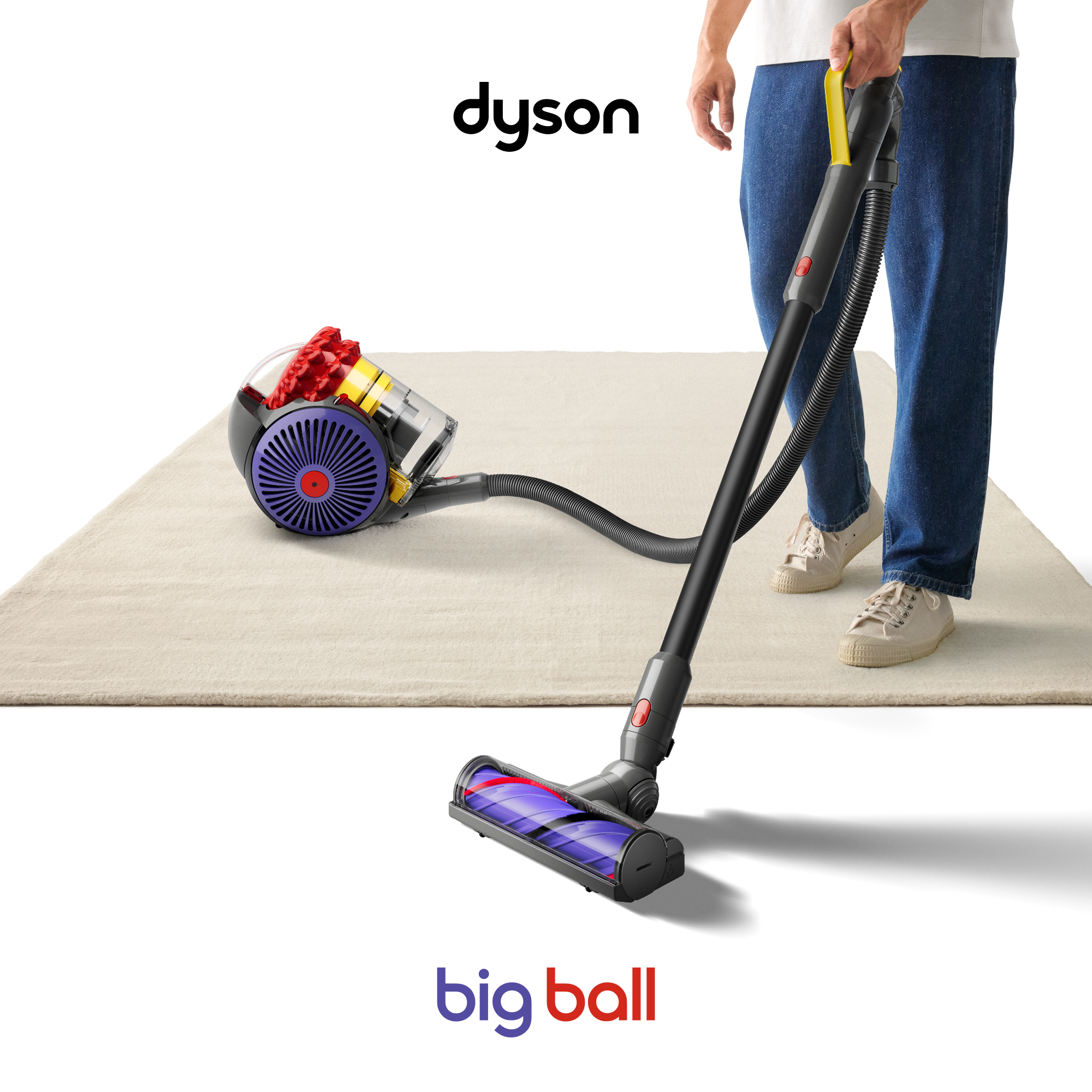Una persona usa una aspiradora Dyson Big Ball en una alfombra clara, con el logotipo de Dyson arriba.