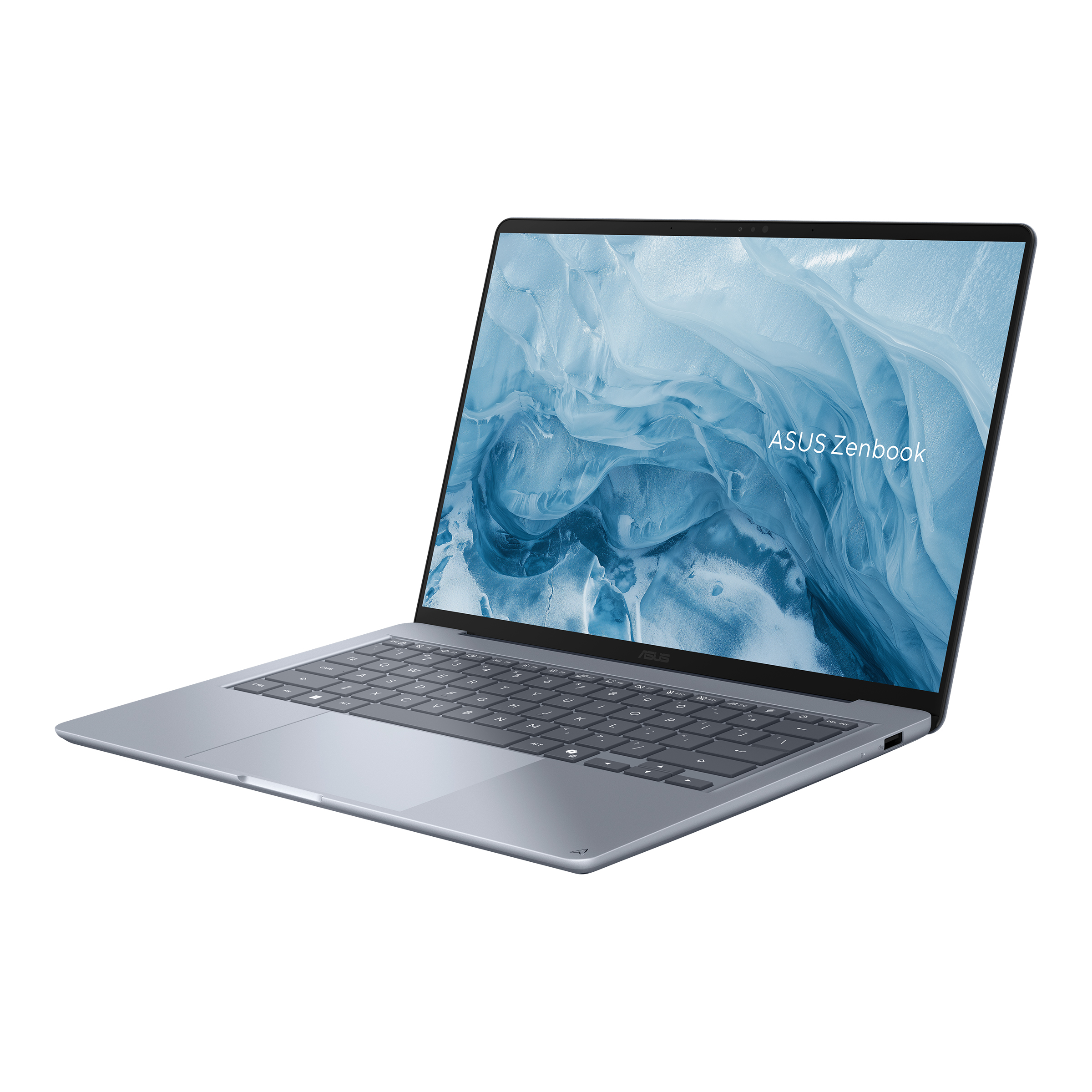 Beyaz arka planda mavi ekrana sahip açık gümüş rengi bir ASUS Zenbook dizüstü bilgisayar.