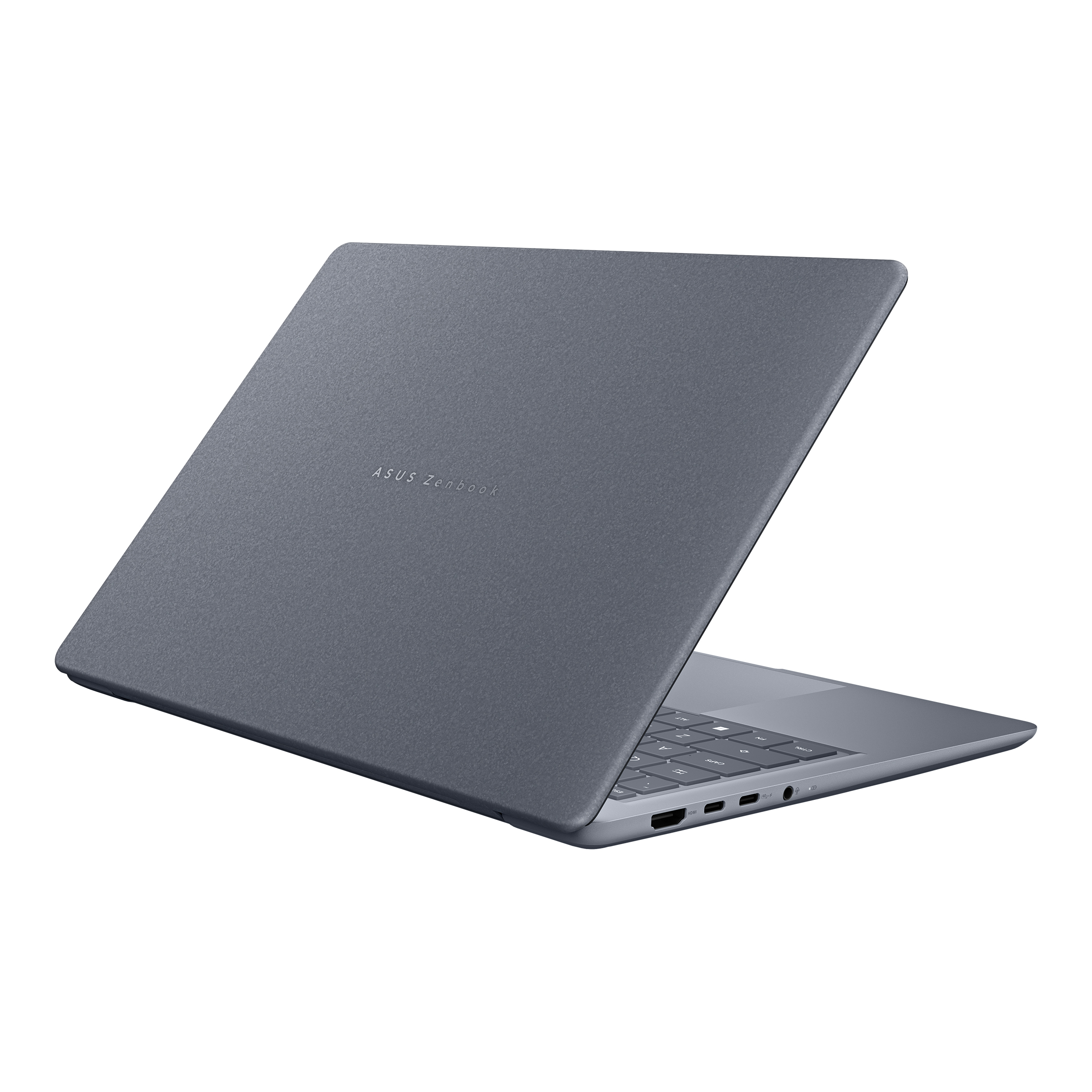 Gri renkli ASUS Zenbook dizüstü bilgisayar beyaz bir yüzeyde açık duruyor, klavyesi görünüyor.