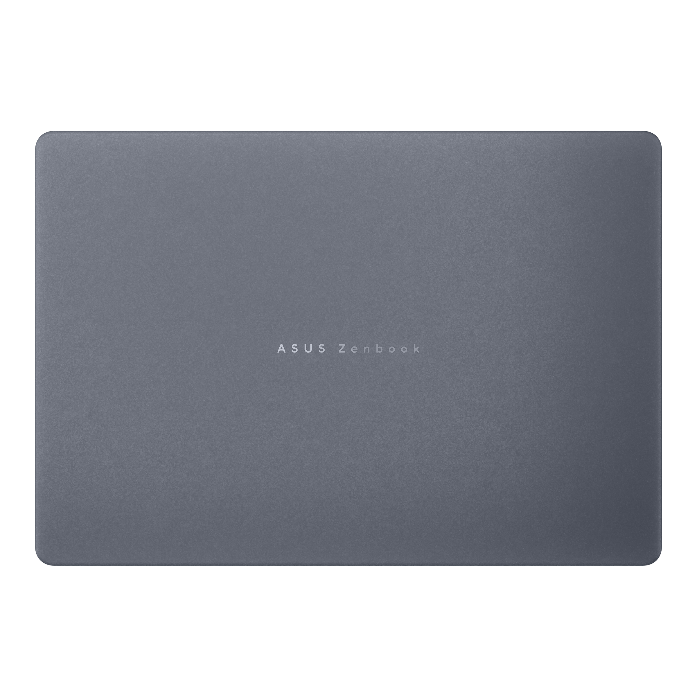 Kapağında gümüş renkli logo bulunan kapalı koyu gri Asus Zenbook dizüstü bilgisayar.