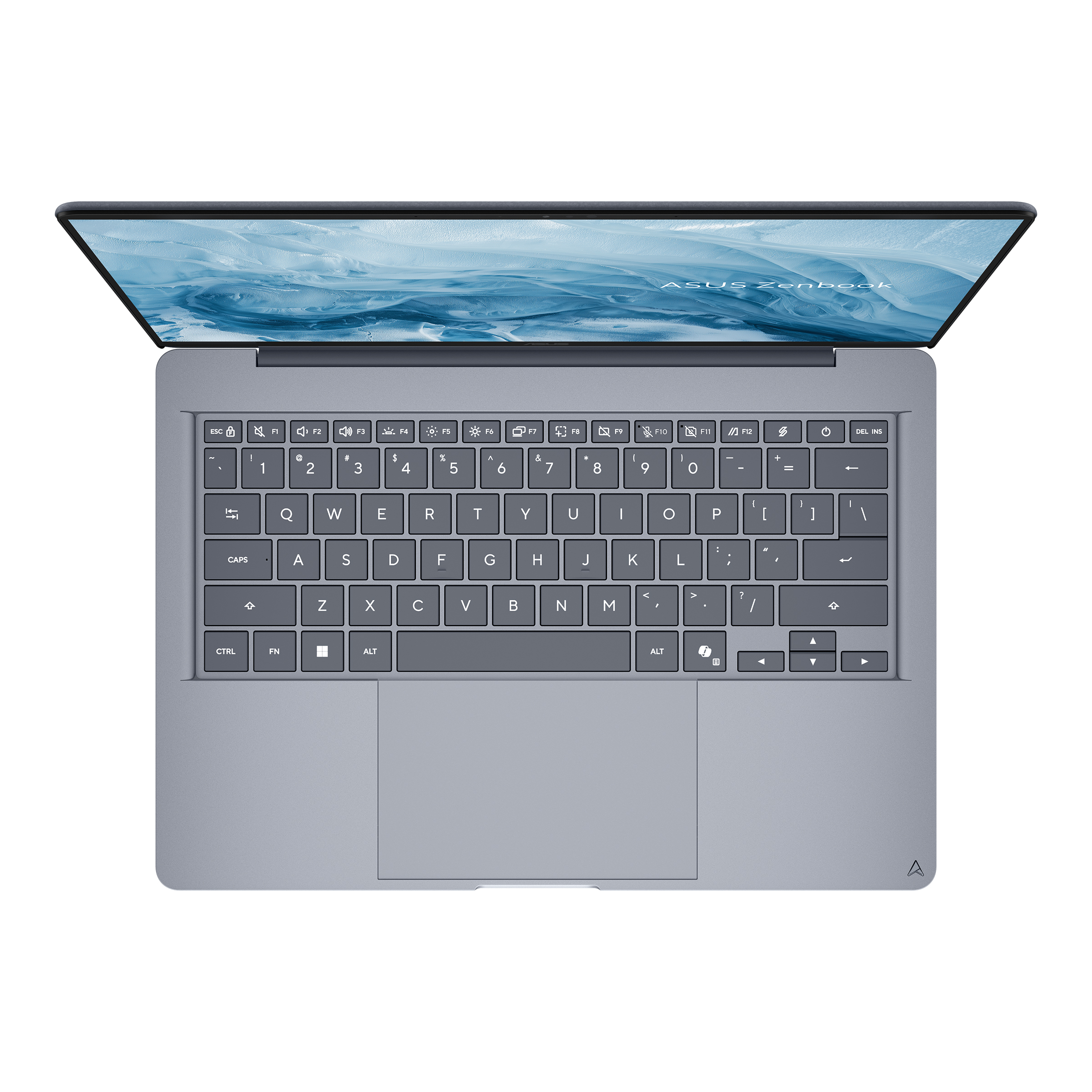 Gri klavyeli ve mavi duvar kağıtlı açık bir ASUS Zenbook dizüstü bilgisayarın üstten görünümü.