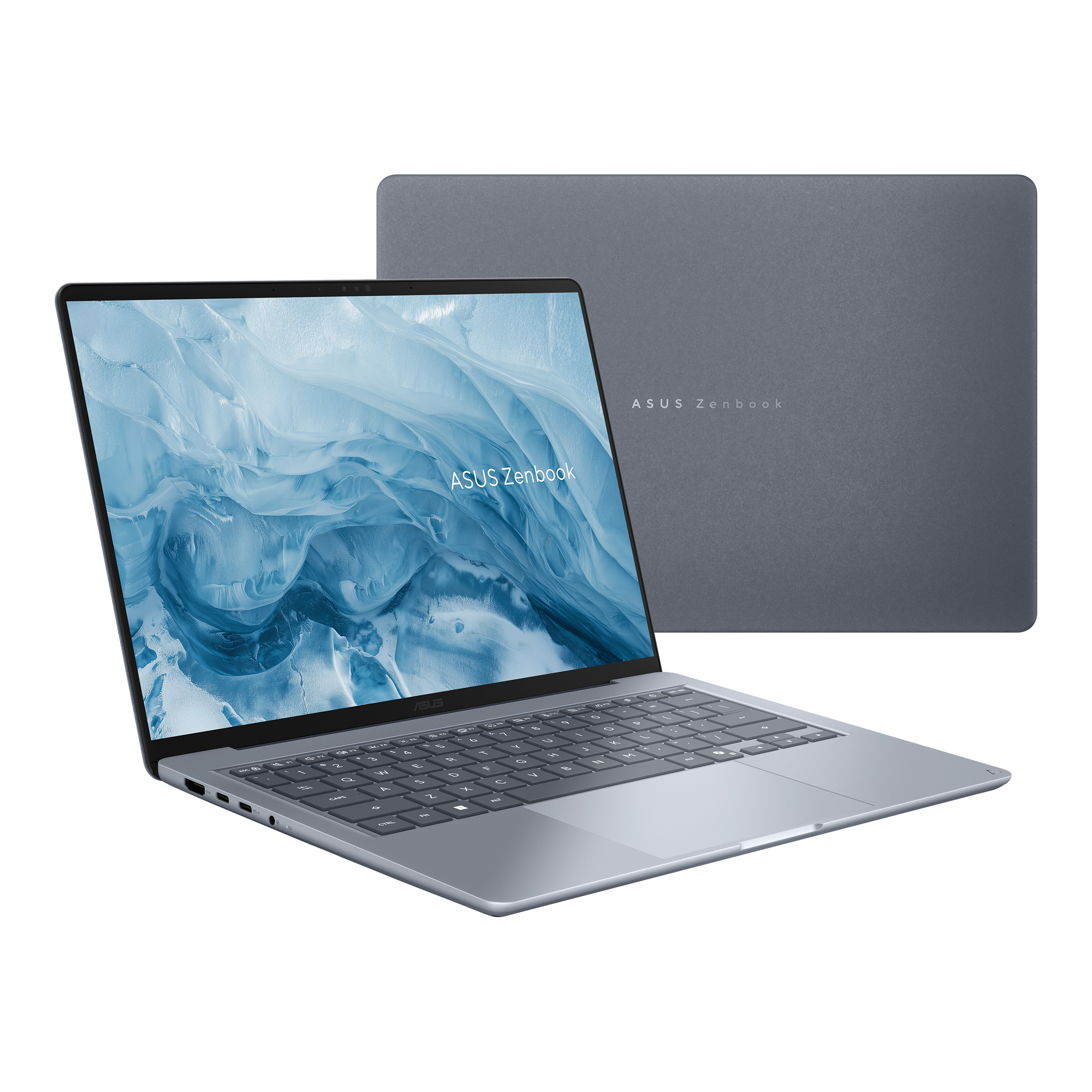Beyaz arka planda mavi ekranlı ve arkada kapalı görünümlü gri Asus Zenbook dizüstü bilgisayar.