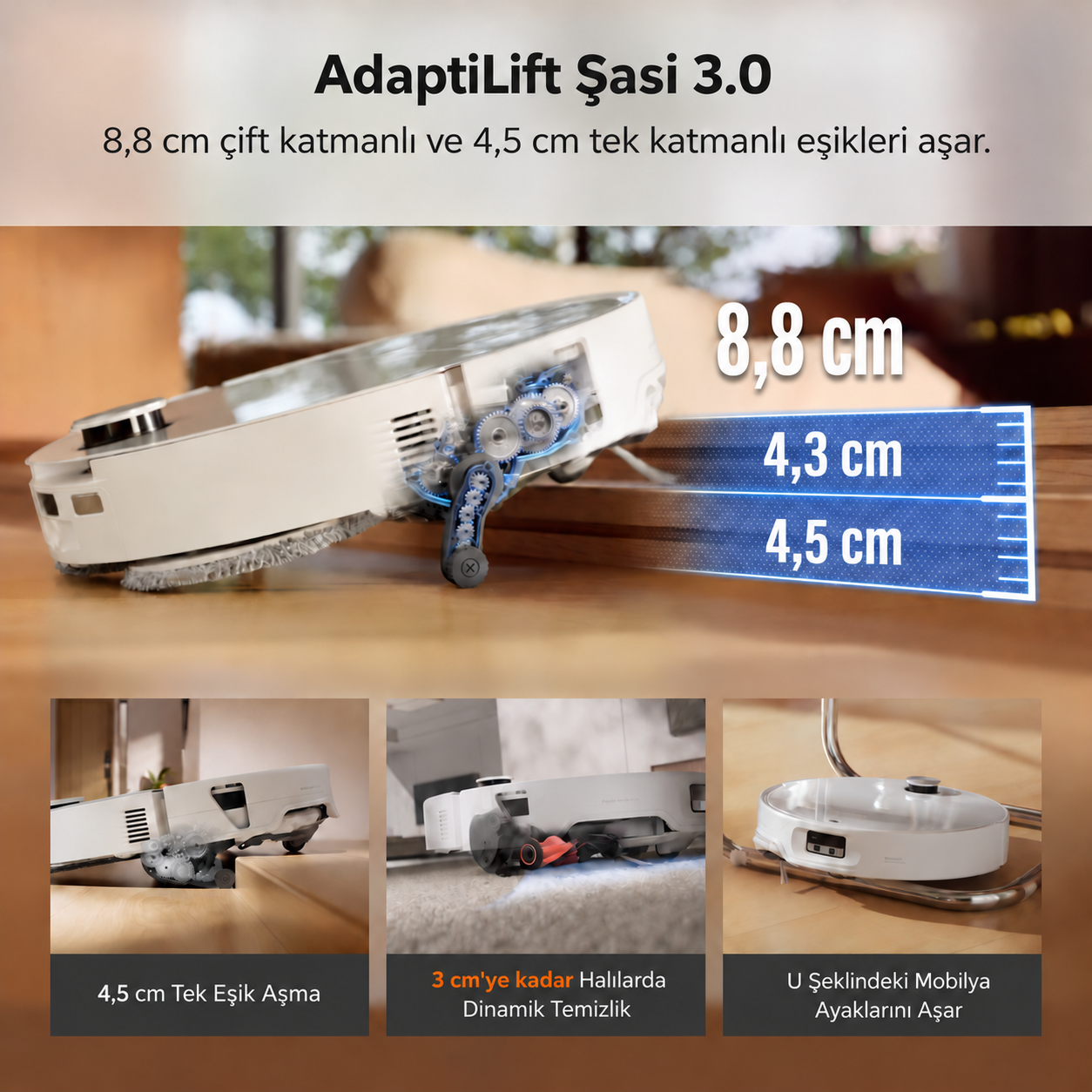 Kaldırma teknolojisi ve dişli mekanizmasıyla eşikleri aşan bir robot süpürgeyi gösteren infografik.