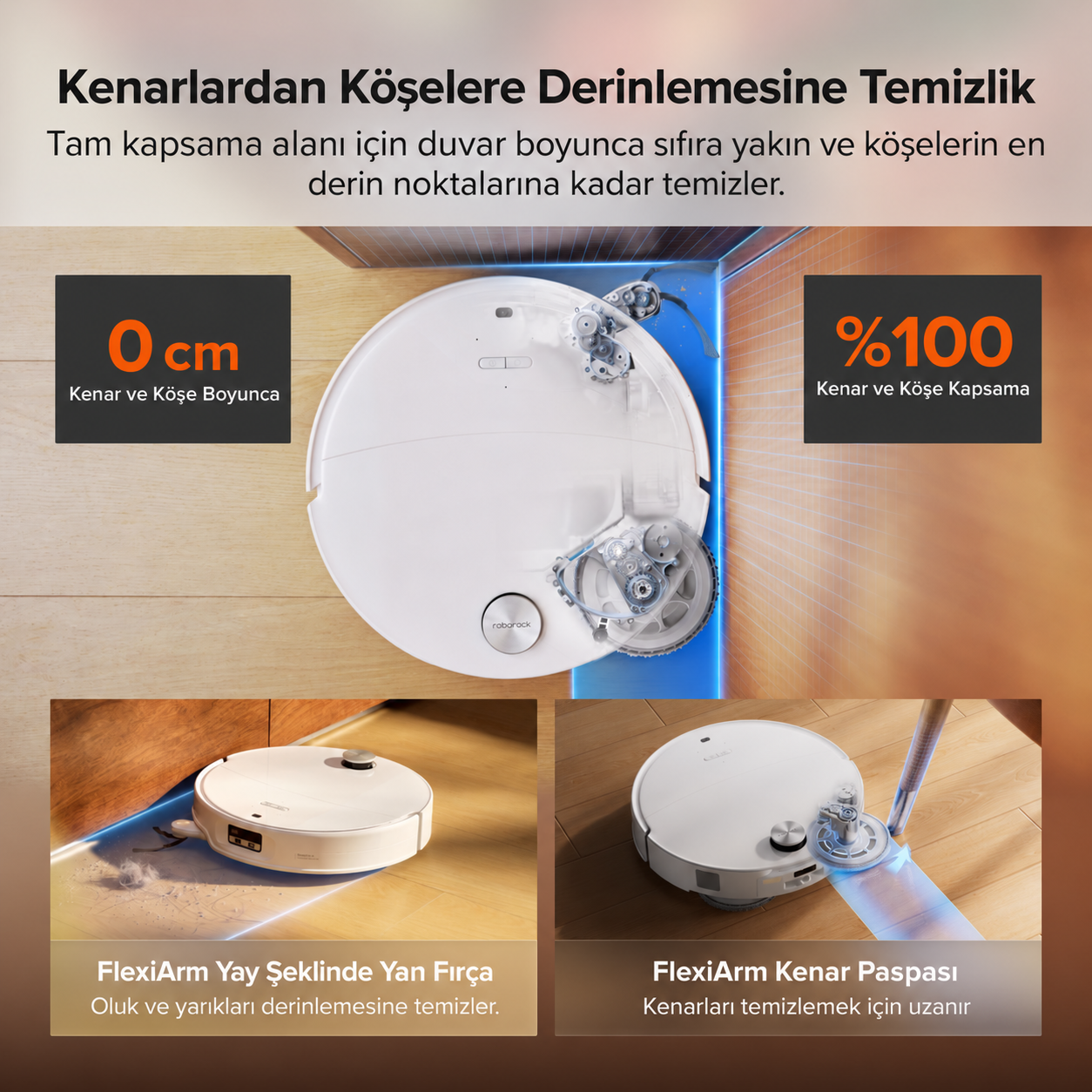 Beyaz renkli robot süpürgenin esnek yan fırçalar ve paspaslarla detaylı kenar temizliğini gösteren şema.