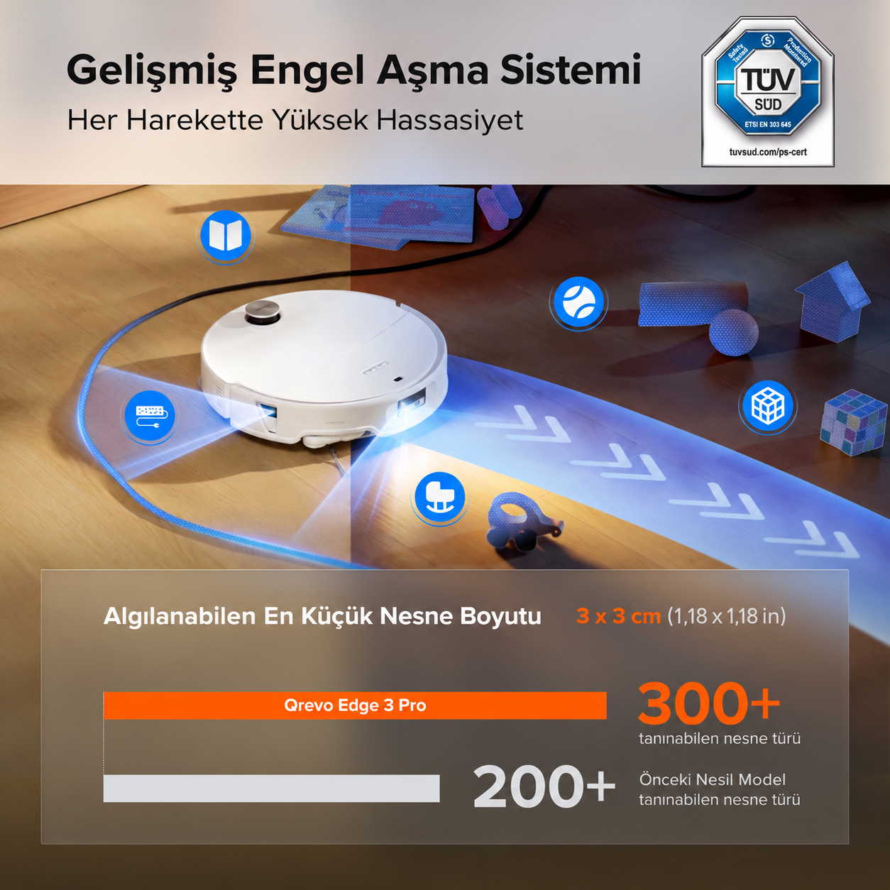 Ahşap zemindeki beyaz robot süpürge, mavi ışık ışınlarıyla çeşitli küçük engelleri tespit ediyor.