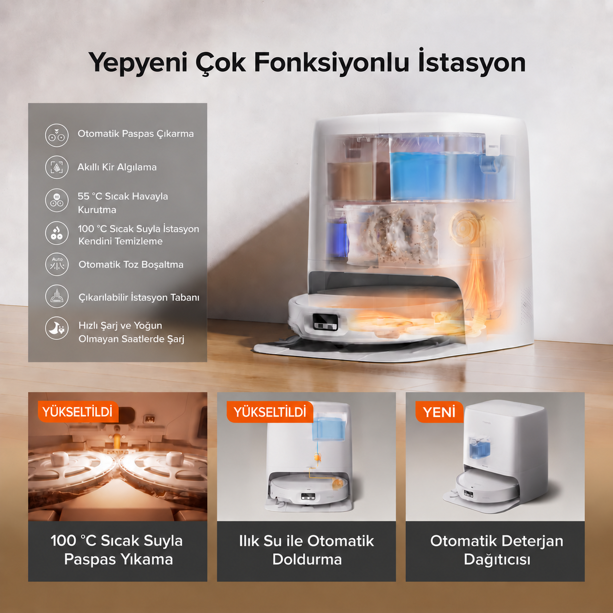 Sıcak suyla yıkama ve otomatik özelliklere sahip çok fonksiyonlu bir robot süpürge istasyonu.