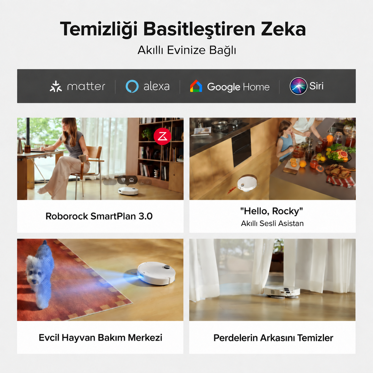 Dört özelliği gösteren akıllı robot süpürge reklamı: SmartPlan, sesli asistan, evcil hayvan bakımı ve perdelerin arkasını temizleme.
