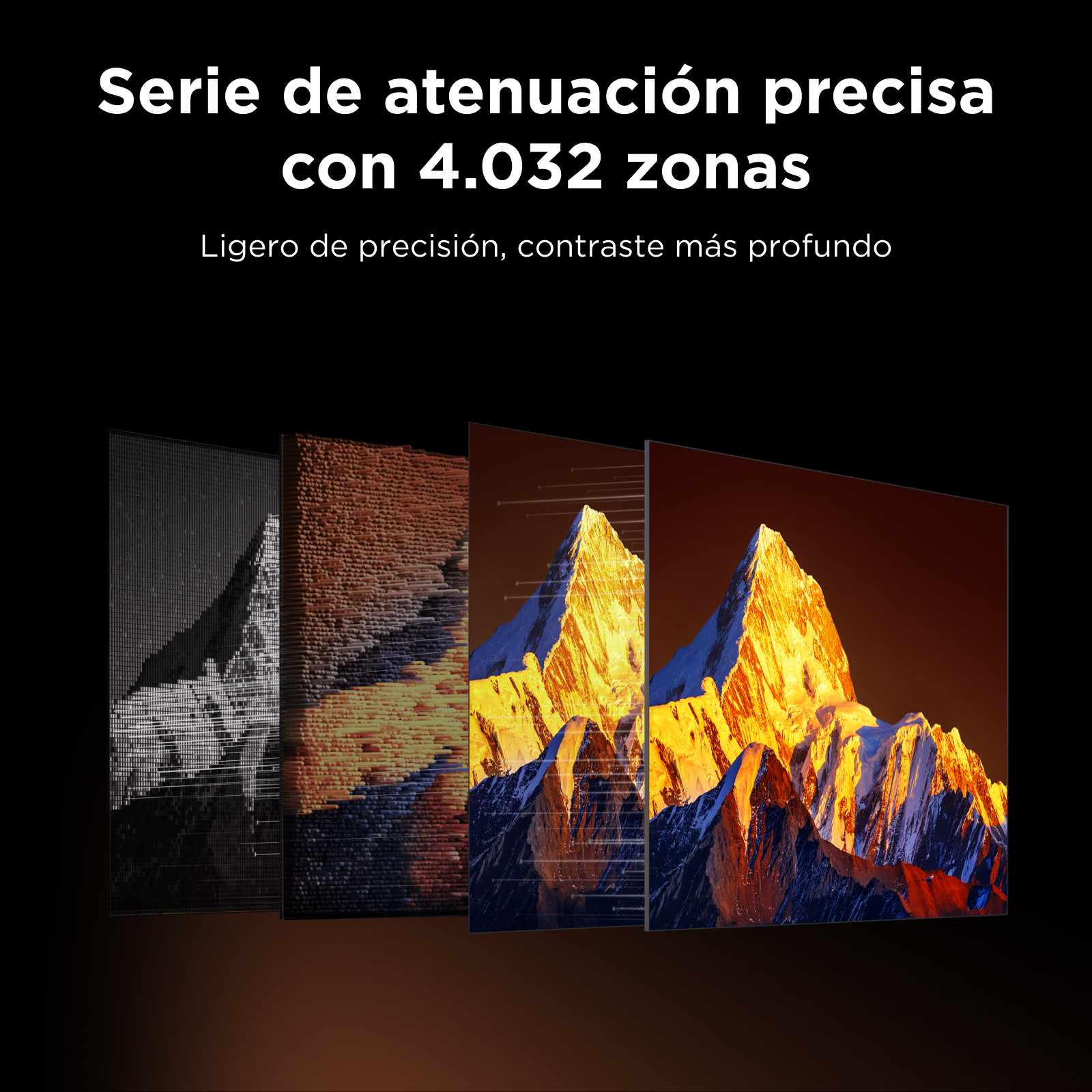 Gráfico que muestra zonas de atenuación con imágenes de montañas en cuatro capas sobre fondo oscuro.
