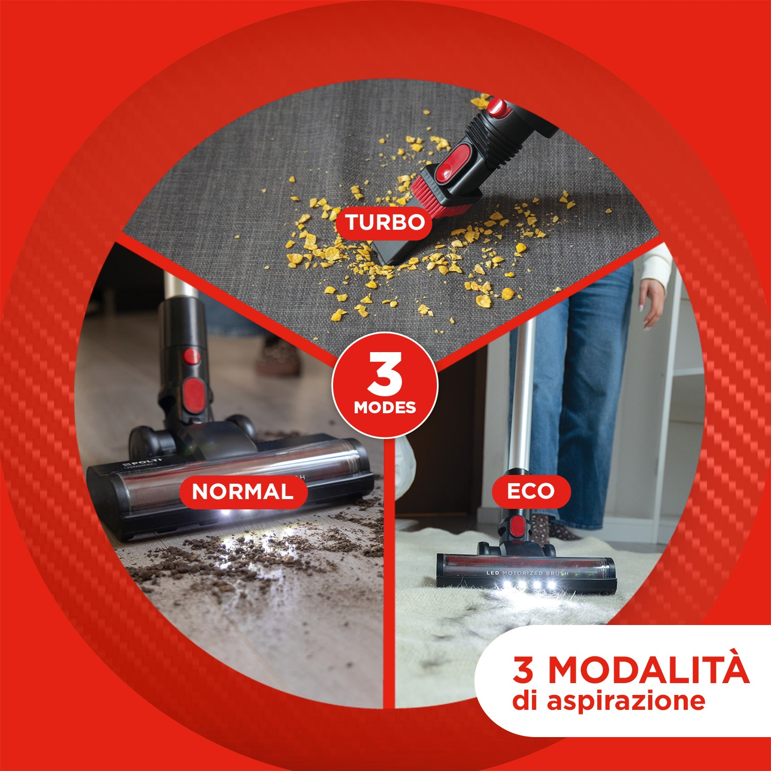 Aspirapolvere con tre modalità: Turbo, Normal ed Eco per pulire diverse superfici.