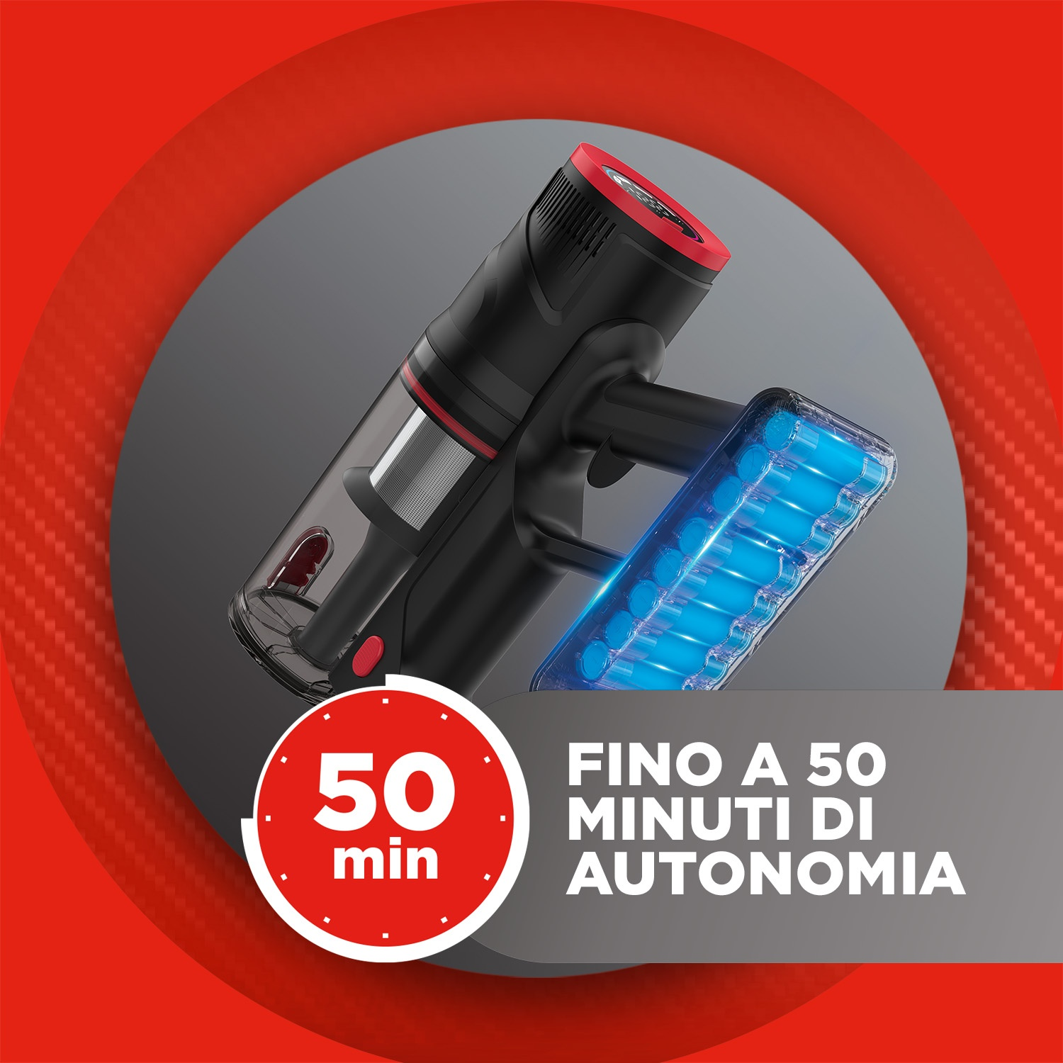 Aspirapolvere senza fili con filtro trasparente e batterie blu luminose, su sfondo rosso.