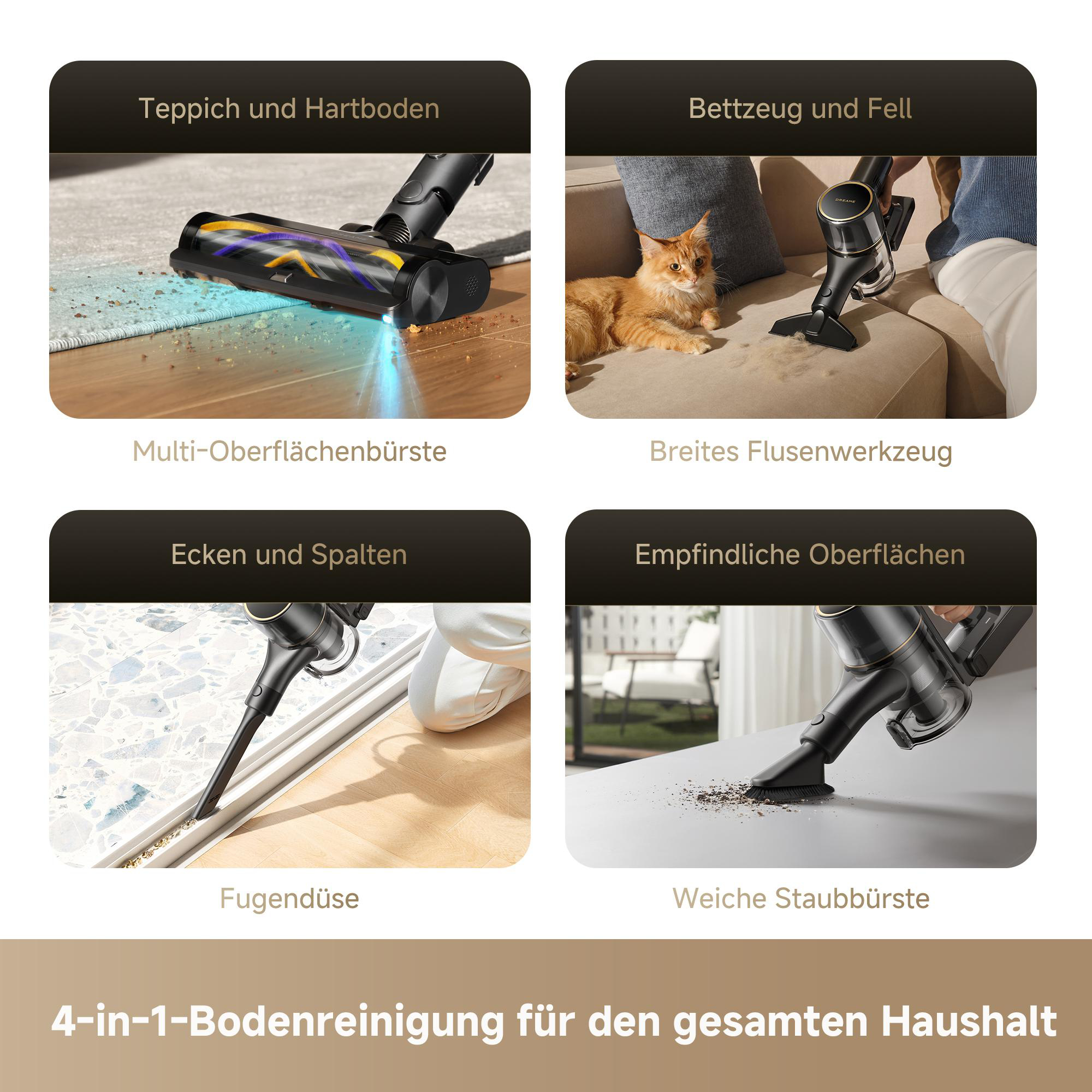 Vier Bilder zeigen verschiedene Aufsätze eines kabellosen Staubsaugers bei der Reinigung unterschiedlicher Oberflächen.