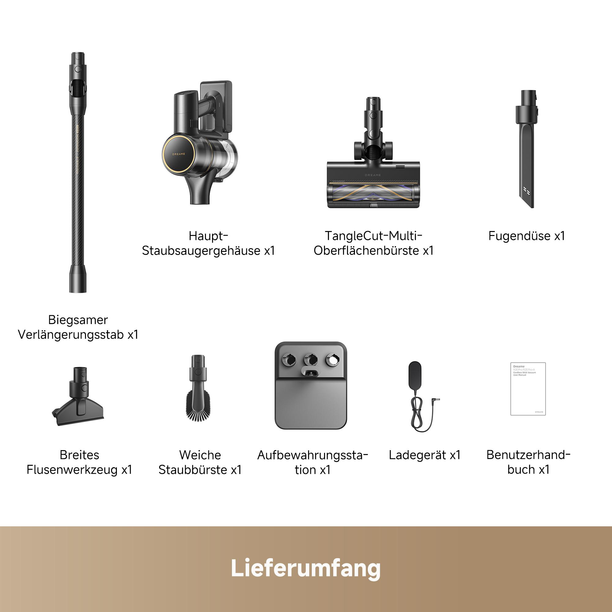 Lieferumfang eines kabellosen Staubsaugers mit verschiedenen Aufsätzen, Verlängerungsstab, Ladegerät und Handbuch.