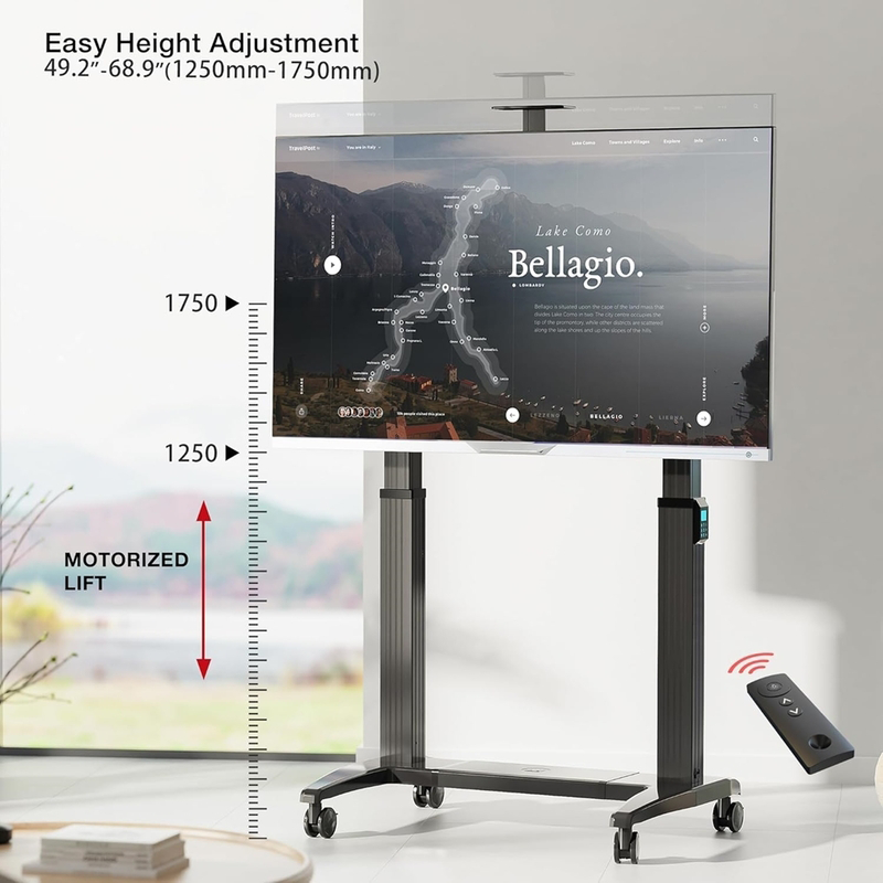 Motorizált TV állvány Como-tavi térképpel, 1250-1750 mm magasságállítással és távirányítóval.