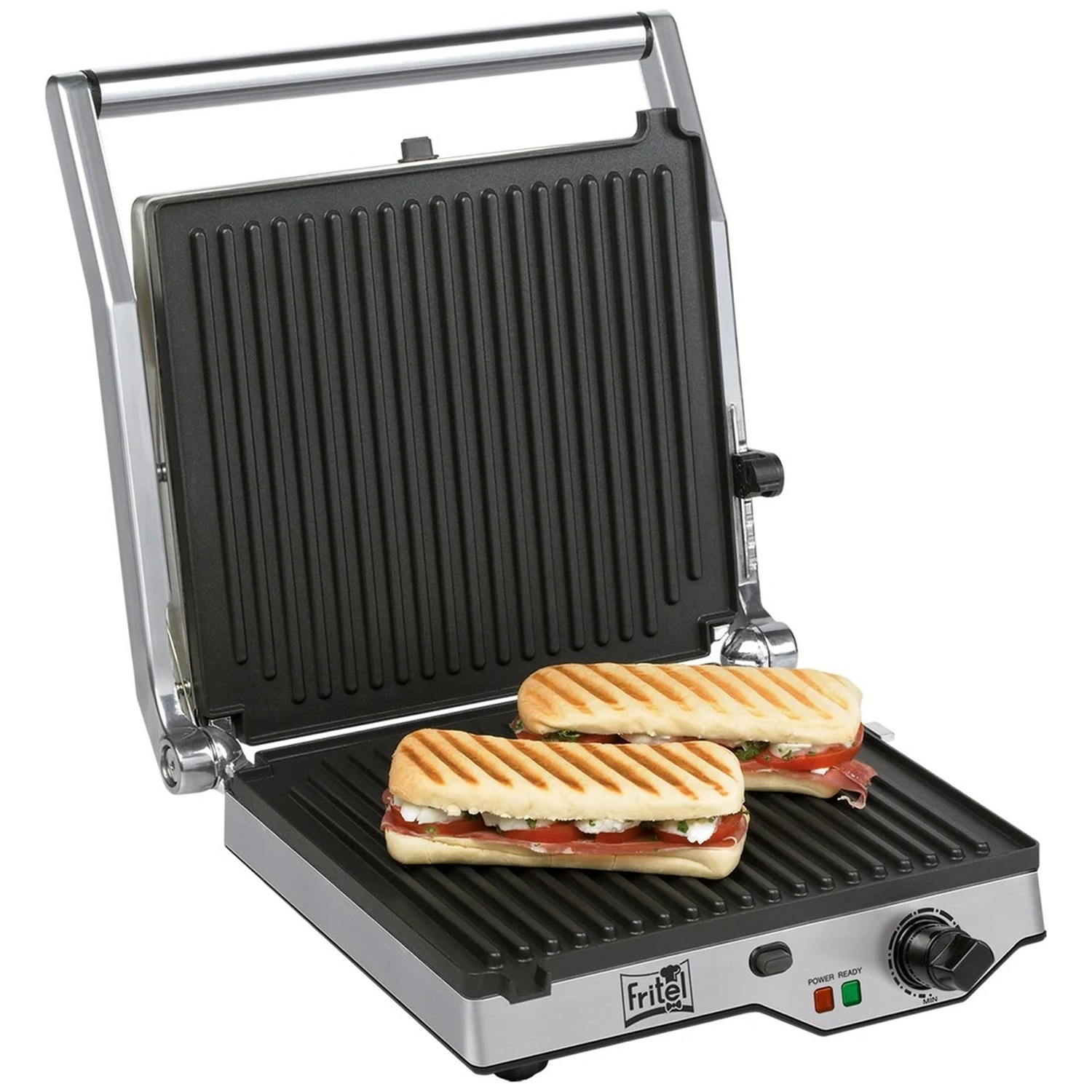 Un gril de contact argenté avec un couvercle ouvert, contenant deux paninis grillés avec des tomates et de la mozzarella.