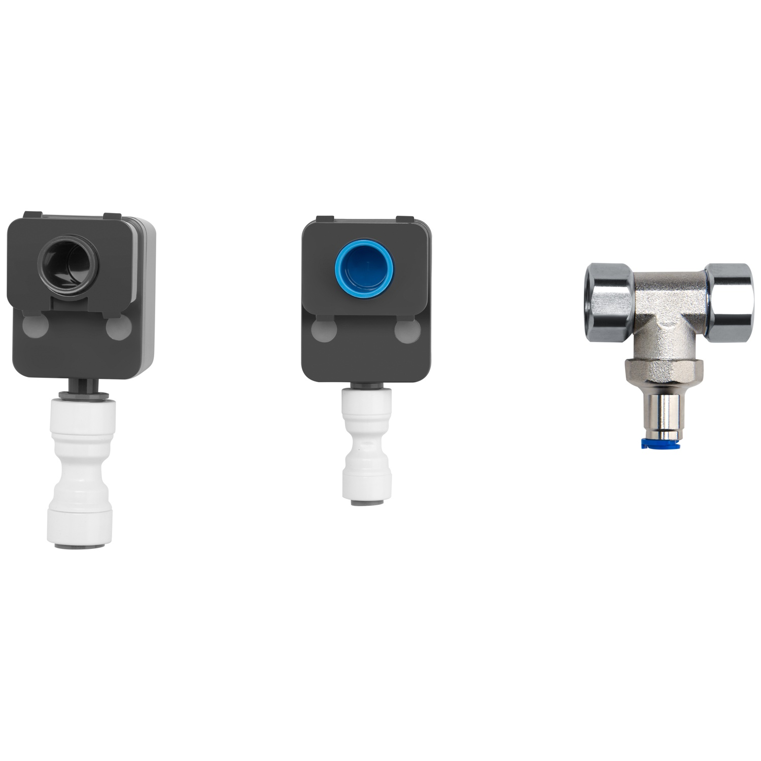 Three different industrial connectors and valves made of plastic and metal on a white background.