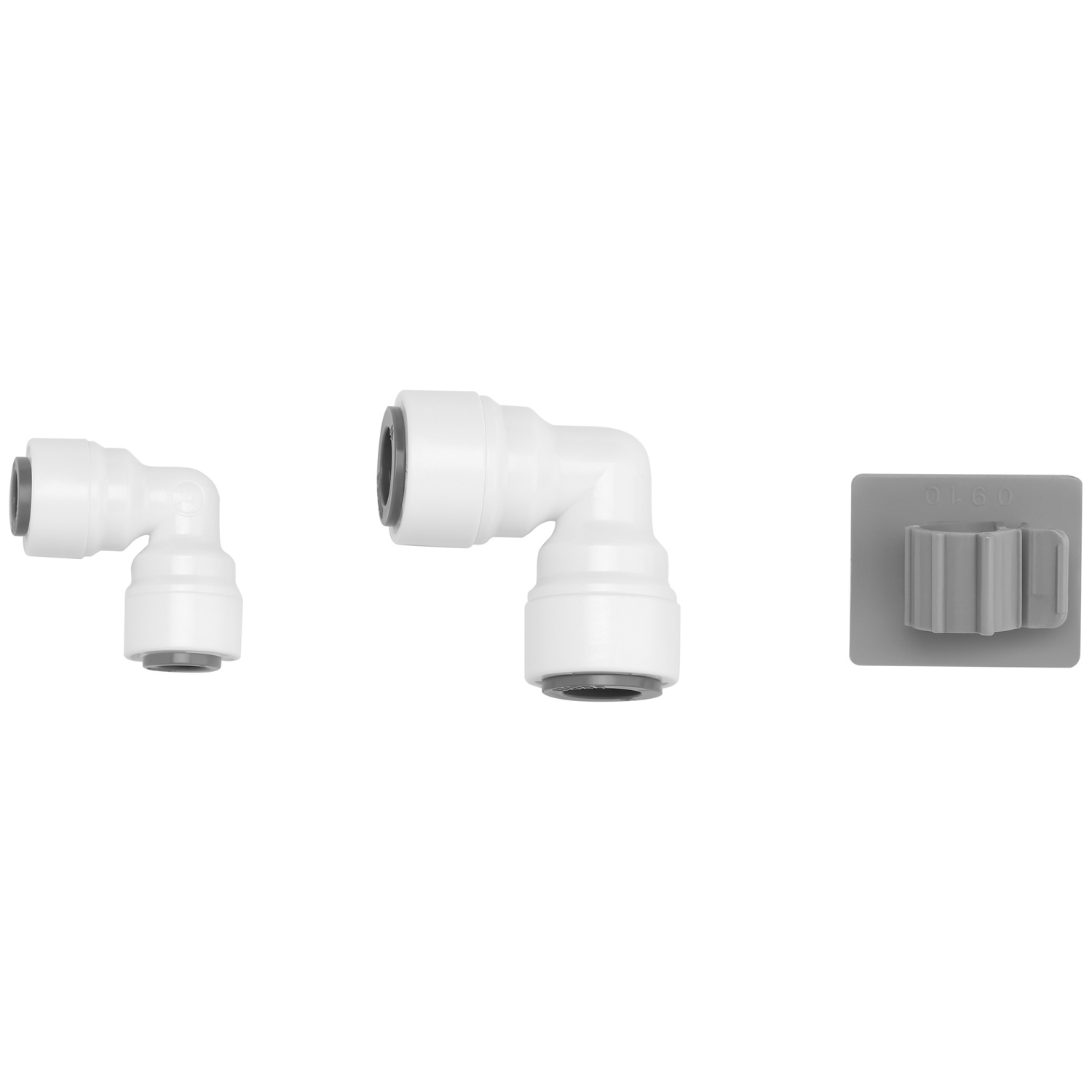 Two white plastic elbow connectors and a grey clip on a white background.