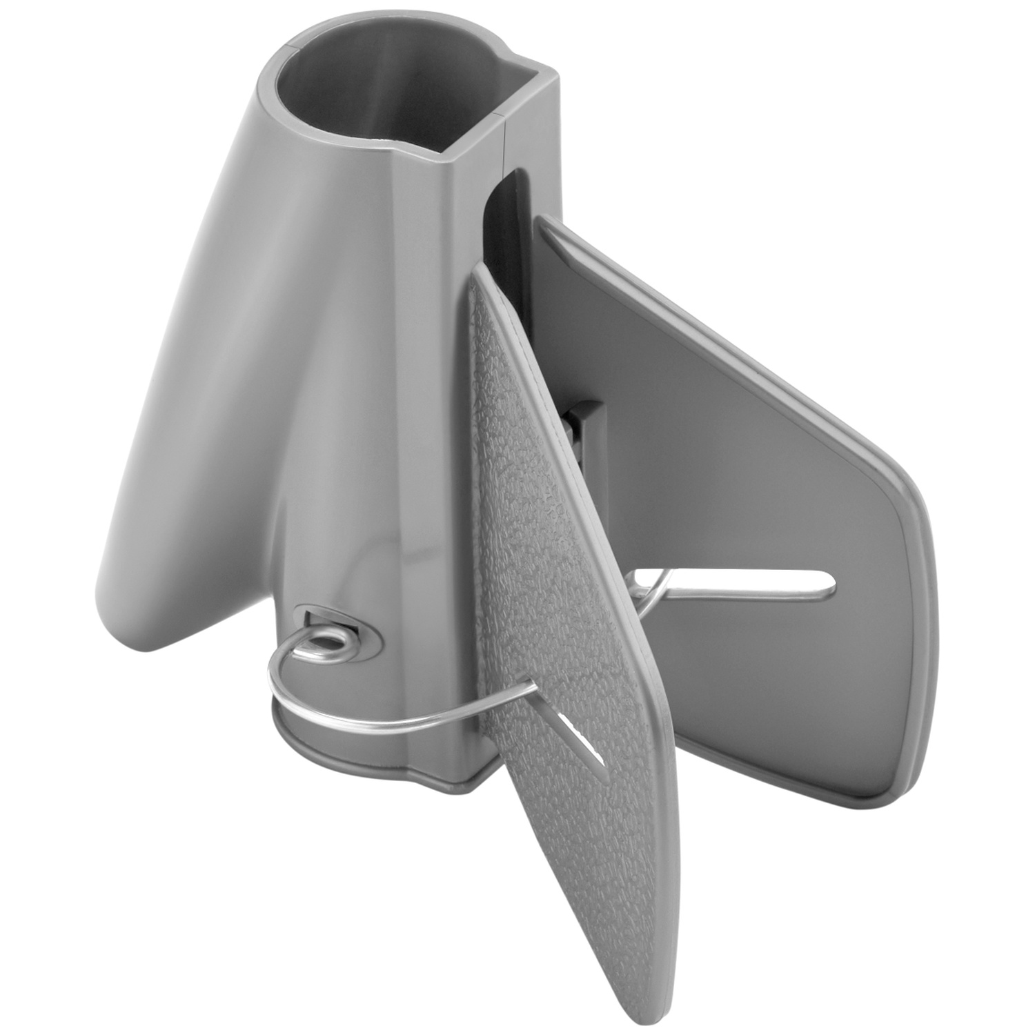 A grey plastic tool with folding wings and a metal pin on a white background.