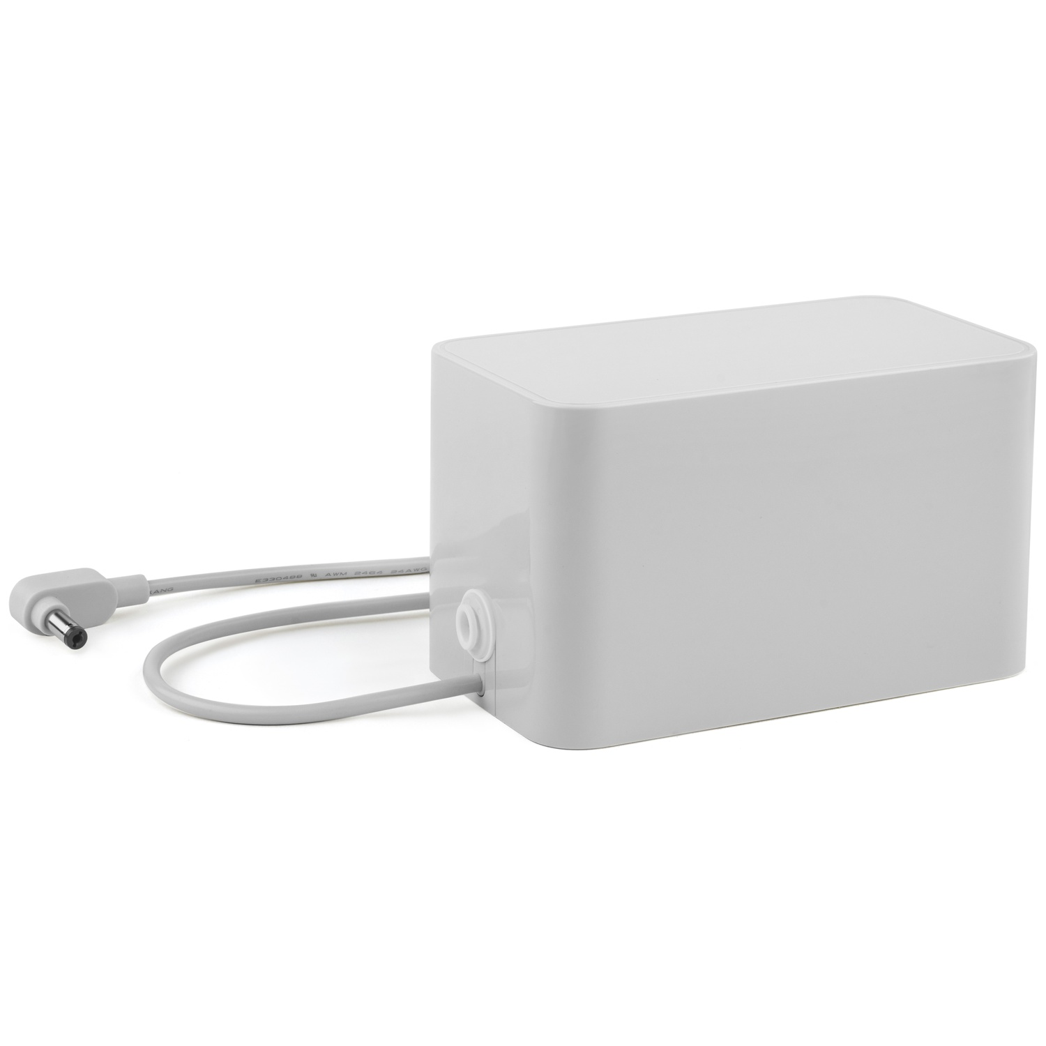 A white rectangular device with an attached gray cable and plug on a white background.