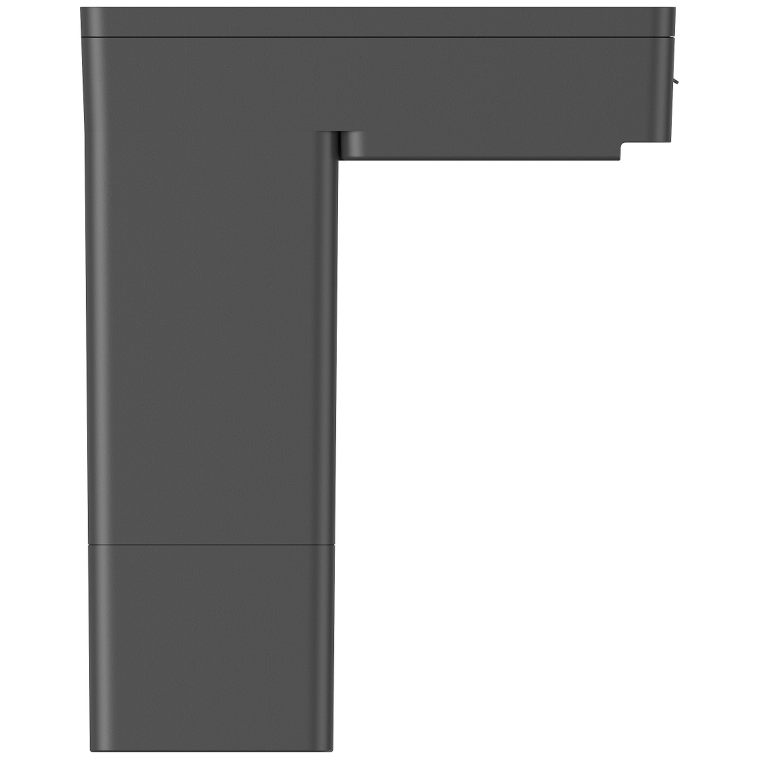 Dark gray L-shaped technical device on a white background.