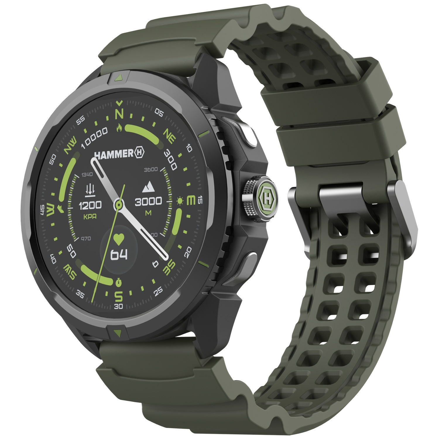 Robuuste groene smartwatch met digitale wijzerplaat, kompasmarkeringen en geperforeerde siliconen band.