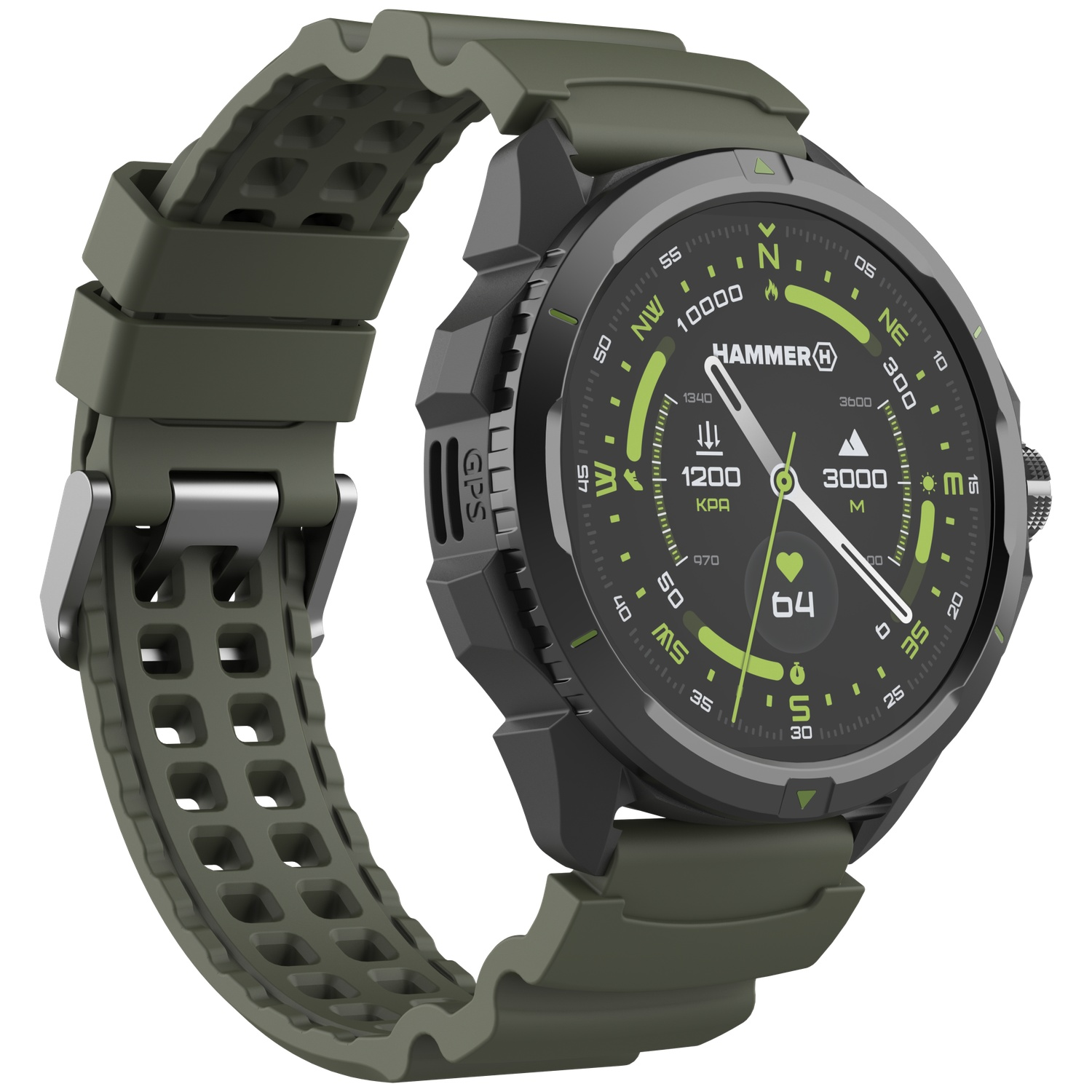 Een robuust tactisch horloge met een olijfgroene geperforeerde band en zwarte bezel.