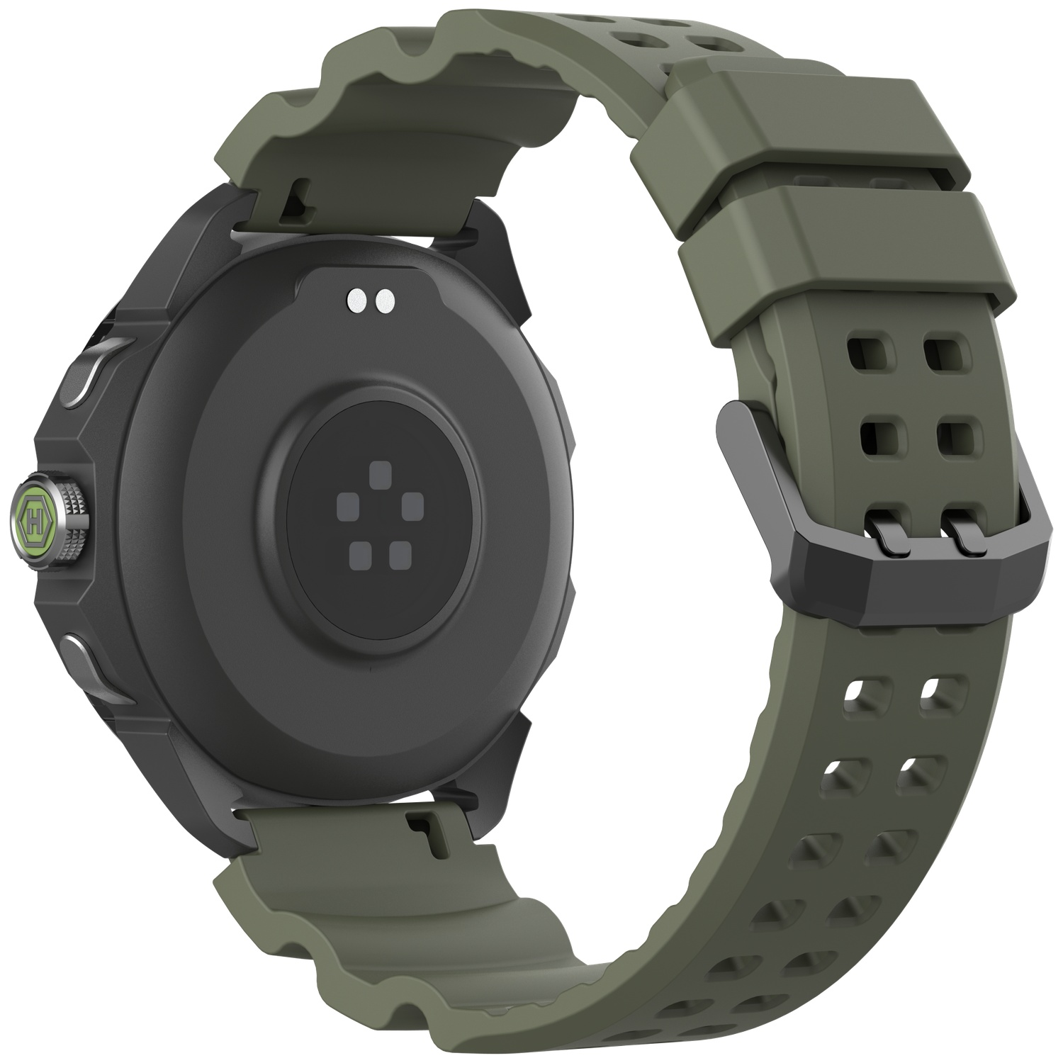 Achterkant van een zwarte smartwatch met groene siliconen band en sensoren tegen witte achtergrond.