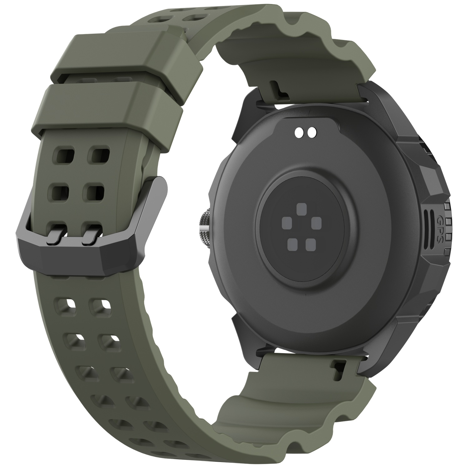 Achteraanzicht van een zwarte smartwatch met een olijfgroene siliconen band op een witte achtergrond.