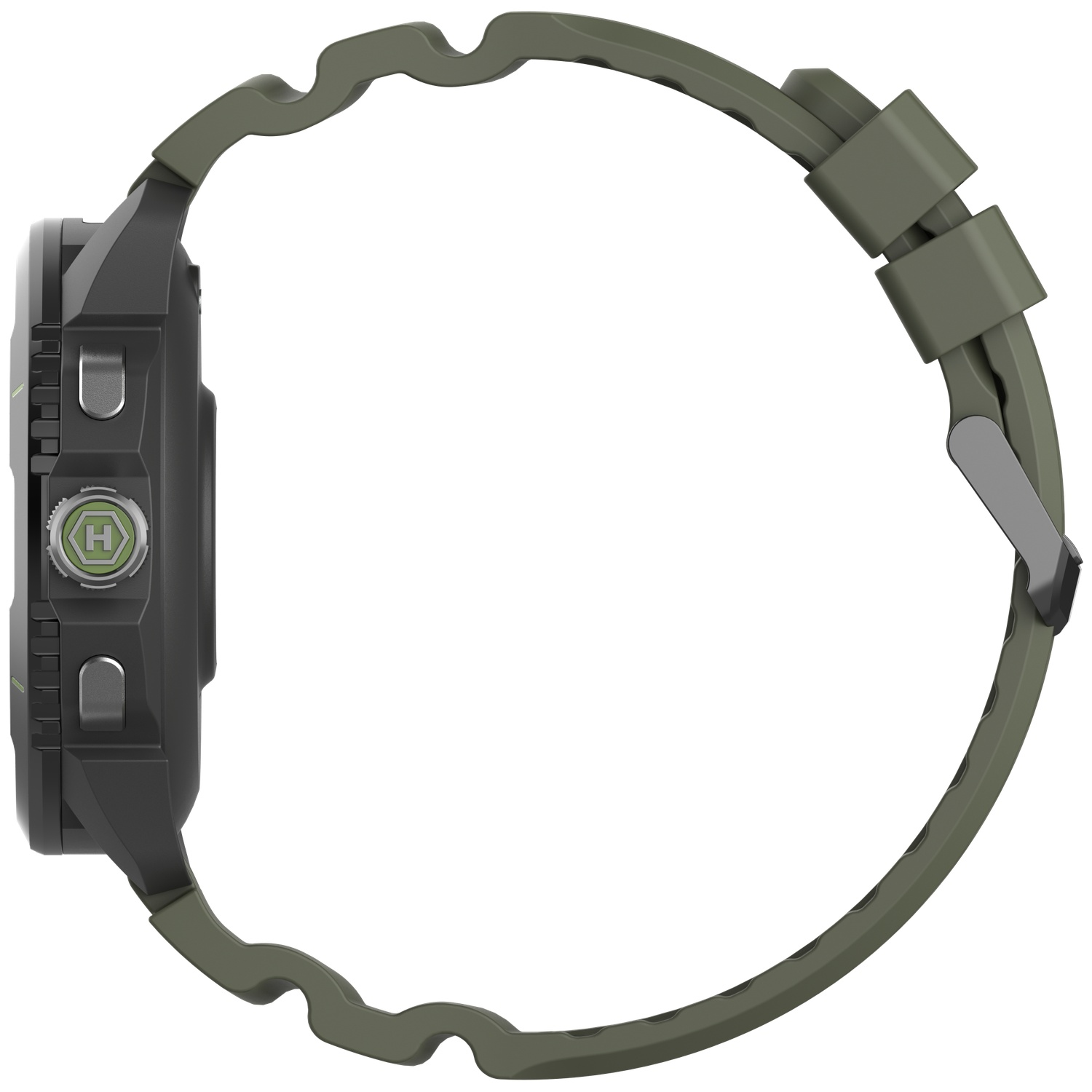 Een olijfgroene smartwatch met zwarte kast in zijaanzicht en een golvende band op een witte achtergrond.