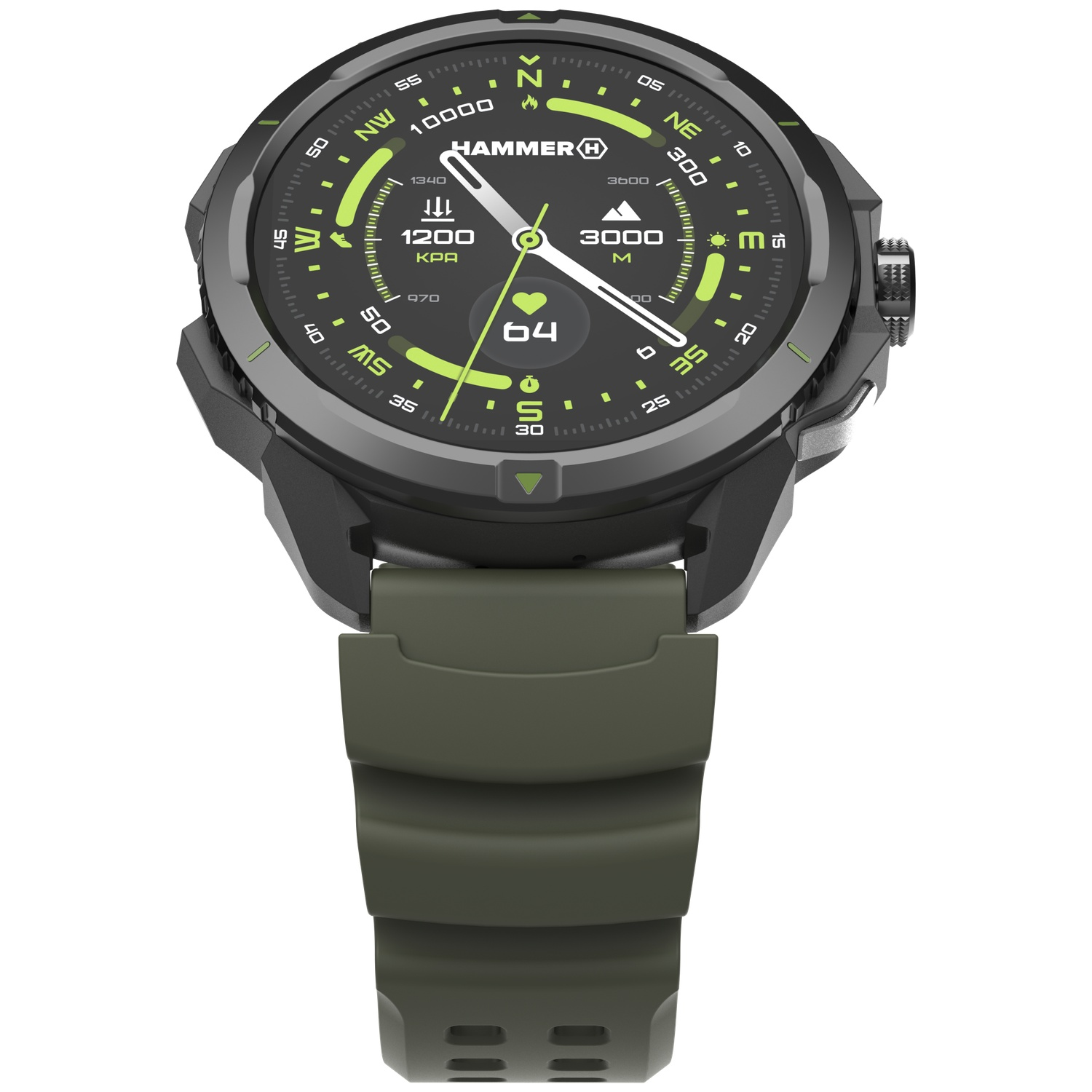 Een zwarte smartwatch met olijfgroene band, digitaal scherm en sportgegevens.