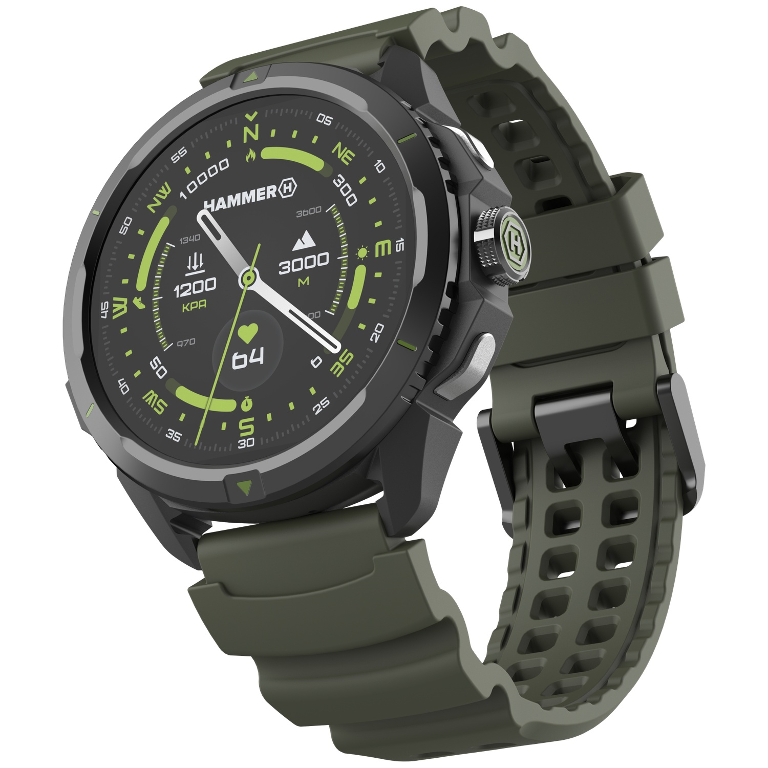 Een robuuste olijfgroene smartwatch met een zwarte digitale wijzerplaat en geperforeerde siliconen band.