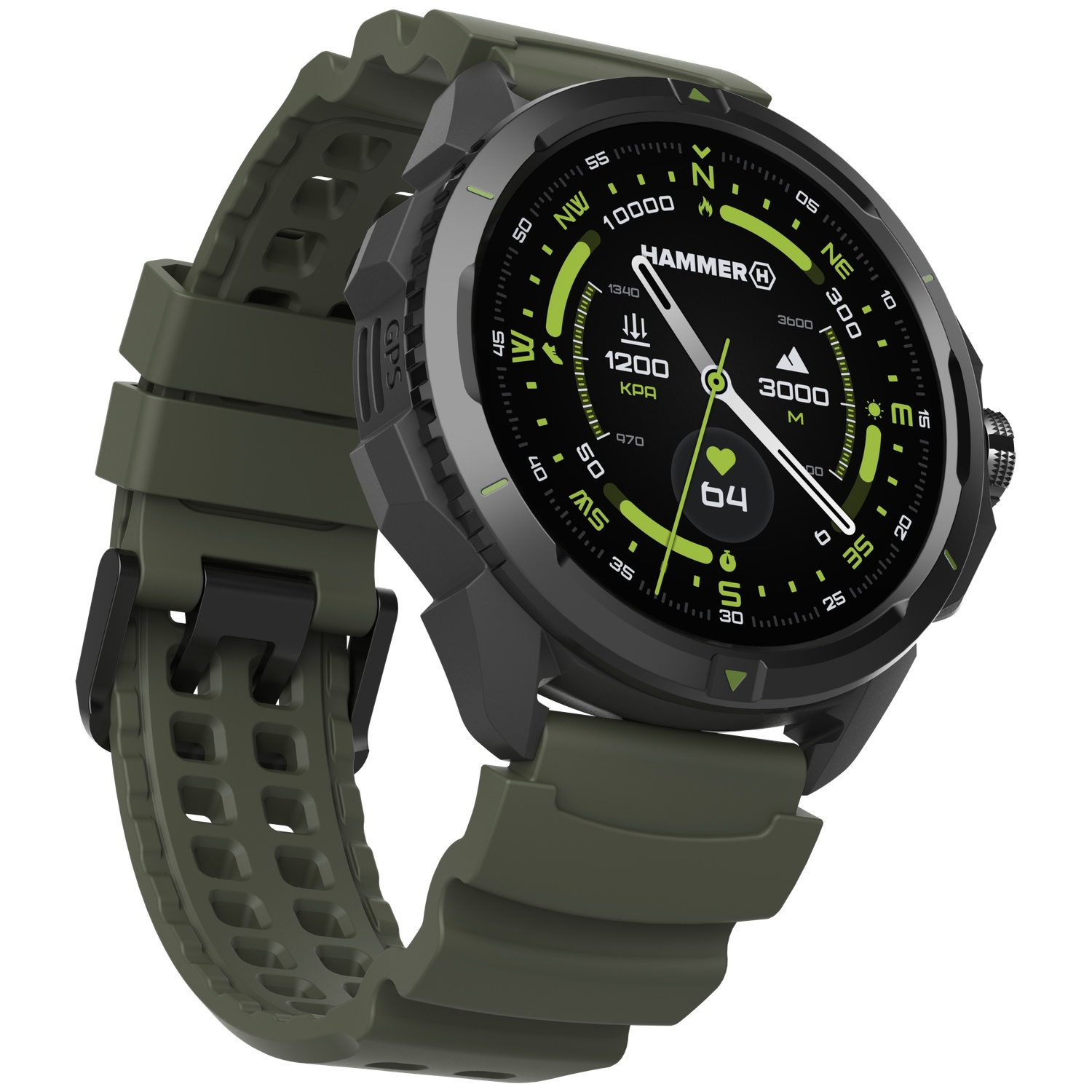 Een groen outdoor smartwatch met zwarte kast en digitaal display met hartslag en kompas.