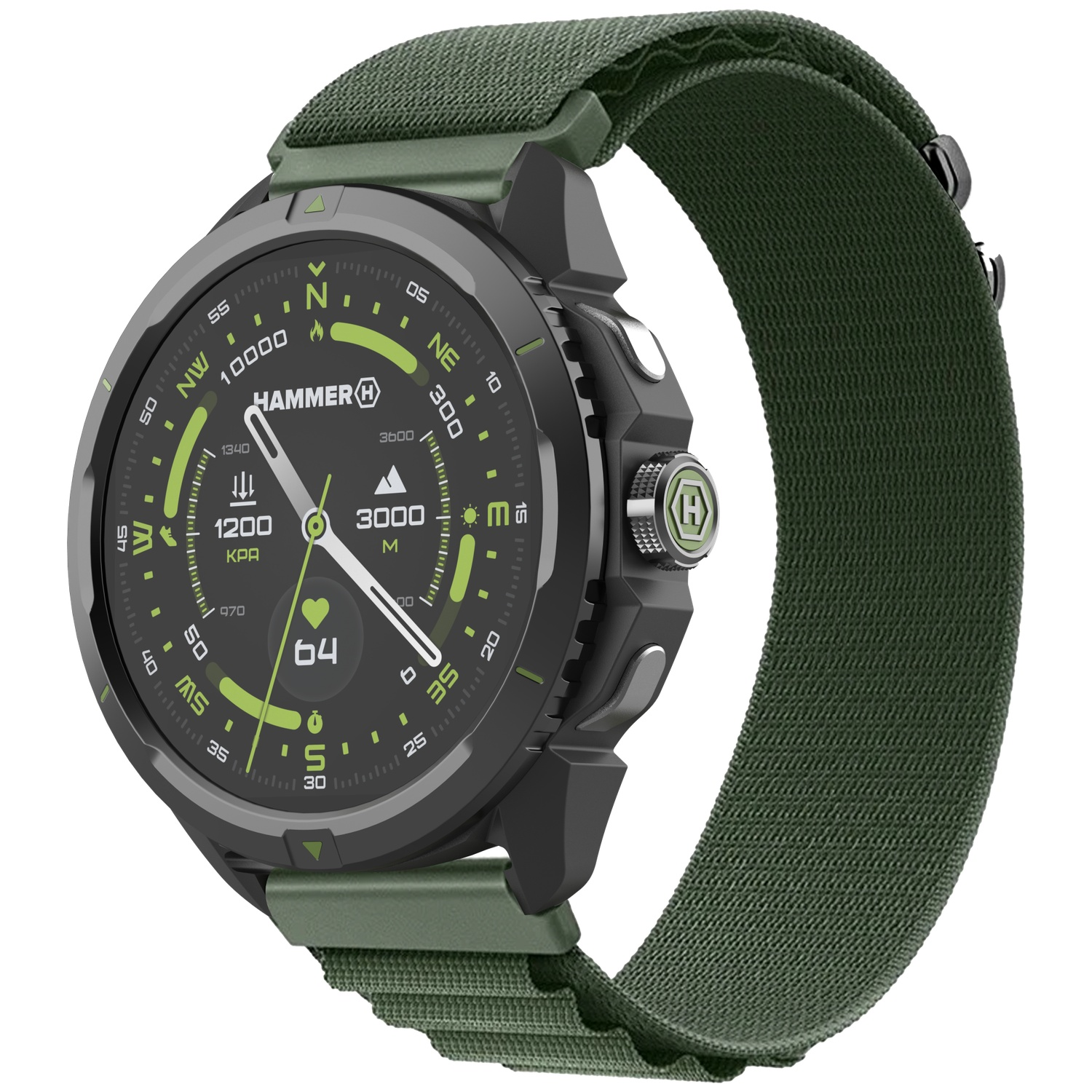 Een groene outdoor smartwatch met een zwarte kast en digitale wijzerplaat op een witte achtergrond.