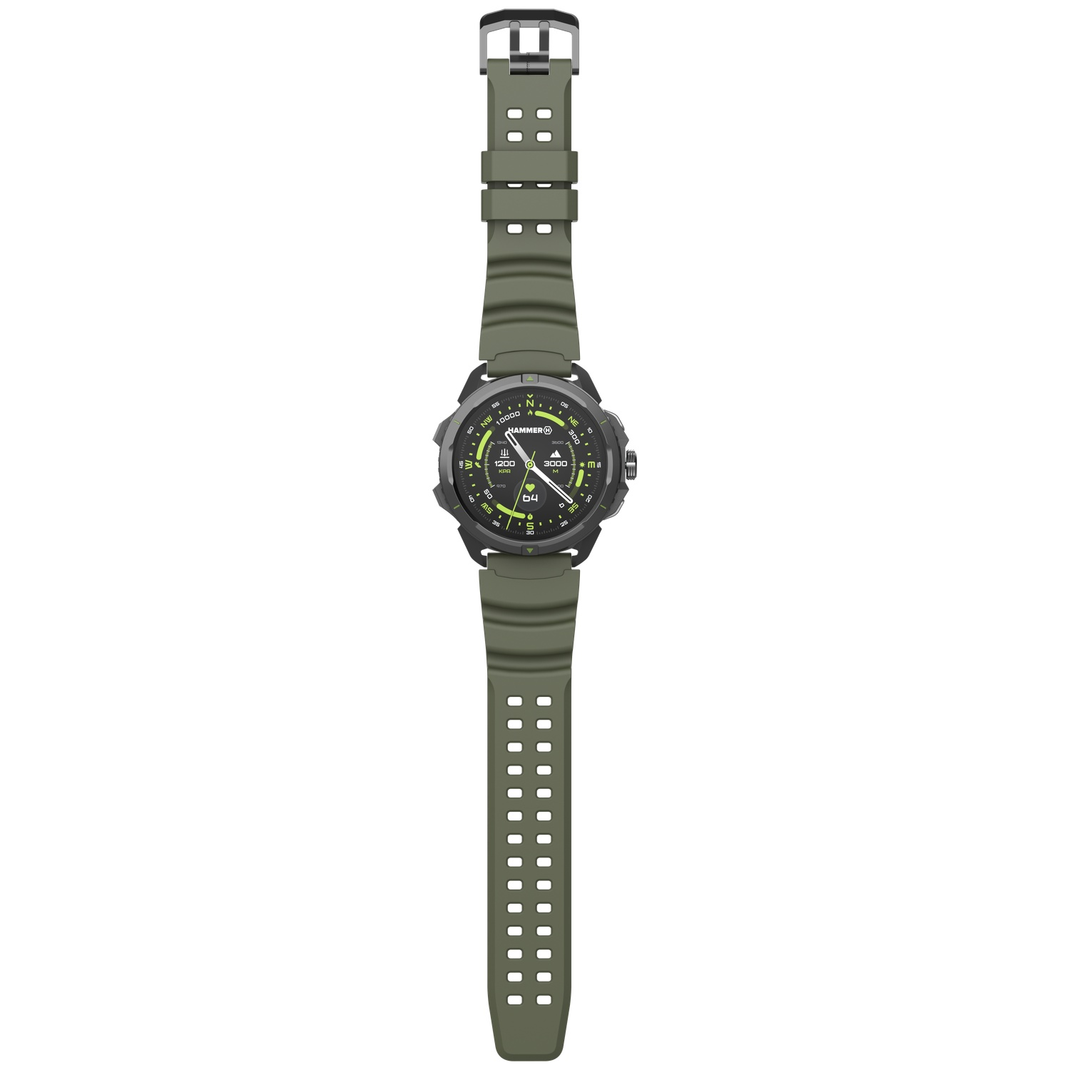 Een tactische smartwatch met een zwarte wijzerplaat, felgroene accenten en een geperforeerde olijfgroene band.