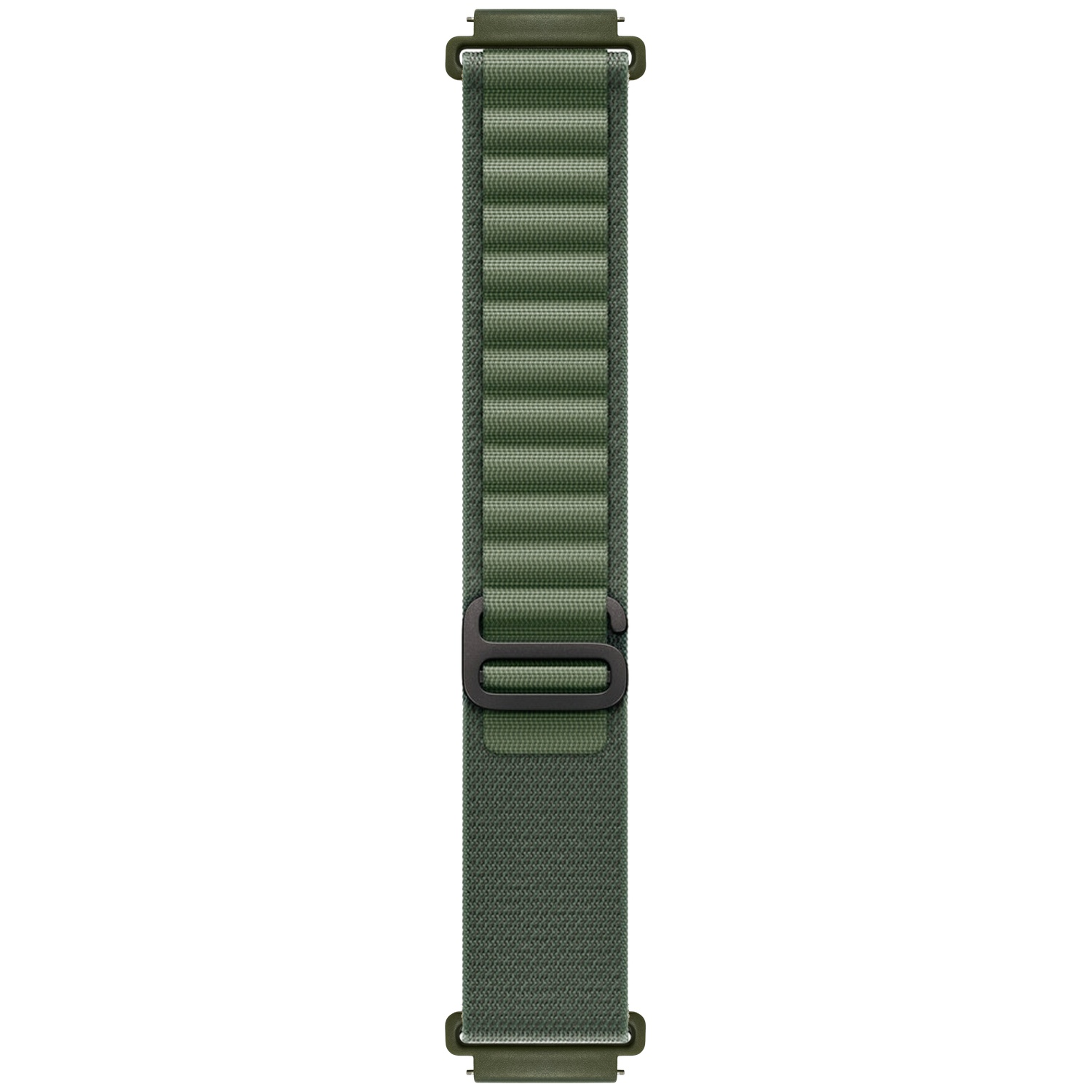 Een groen nylon horlogebandje met een zwarte gesp tegen een witte achtergrond.