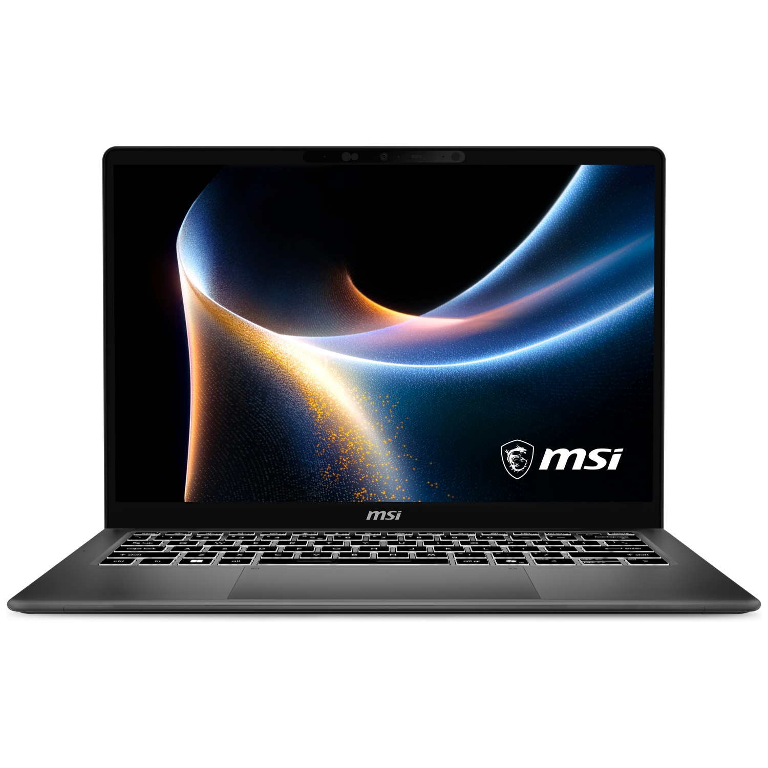 An open black MSI laptop displays a blue and orange wave on screen, featuring a backlit keyboard against a white background.