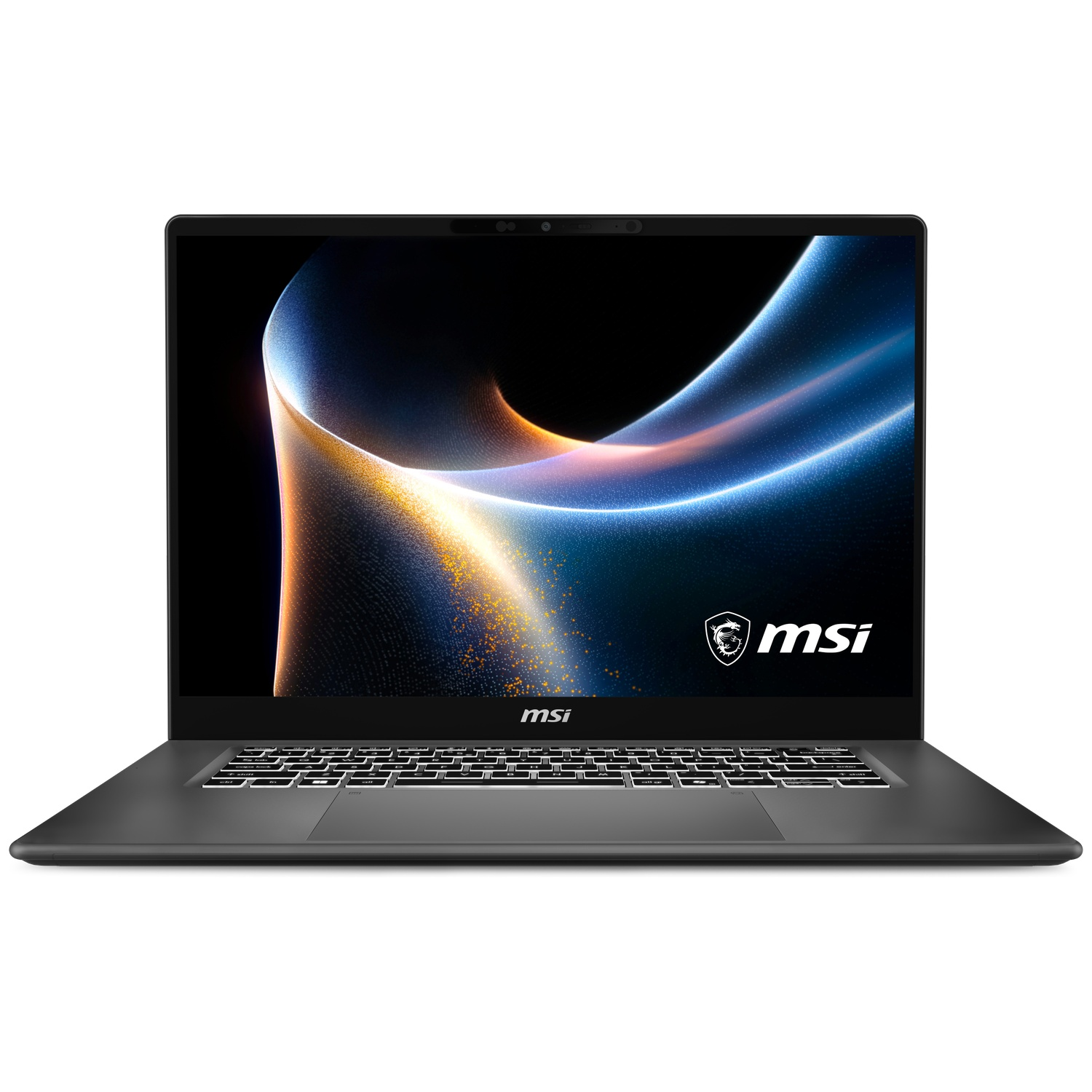 Een zwarte MSI-laptop staat open en toont een gloeiende, abstracte achtergrond.