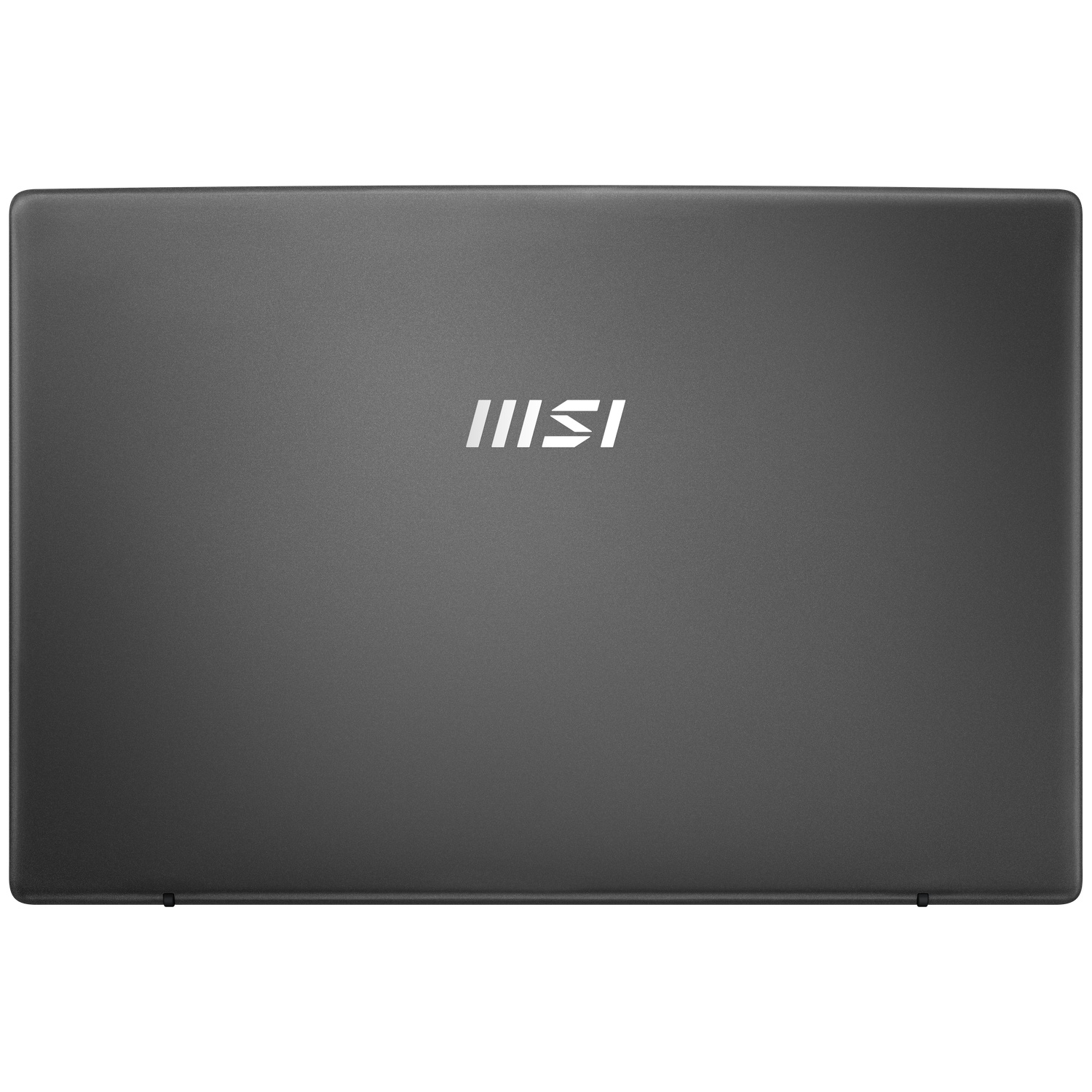 Ordinateur portable MSI gris foncé fermé vu du dessus, logo blanc.