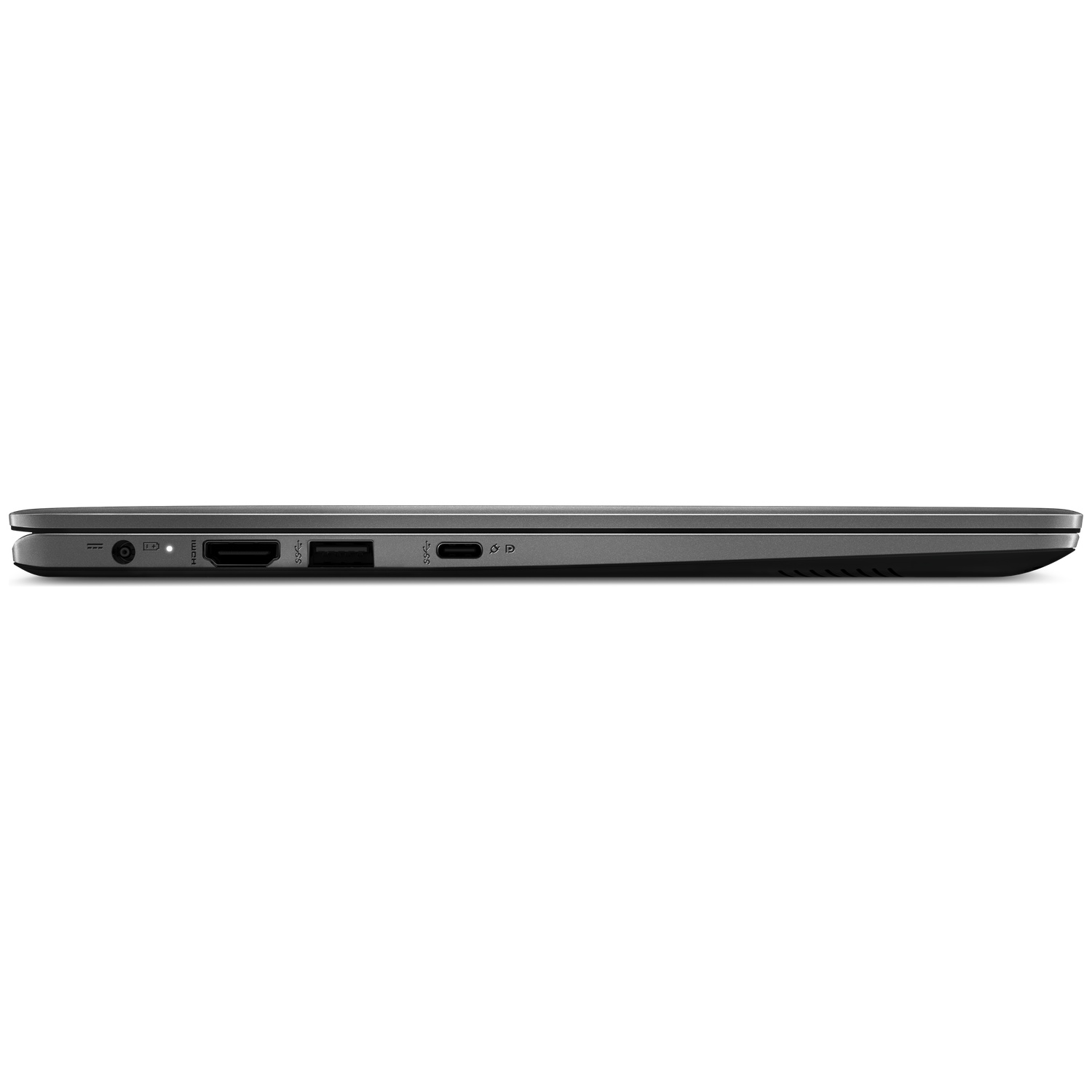 Vue latérale d'un ordinateur portable gris fin montrant des ports HDMI, USB et USB-C sur fond blanc.