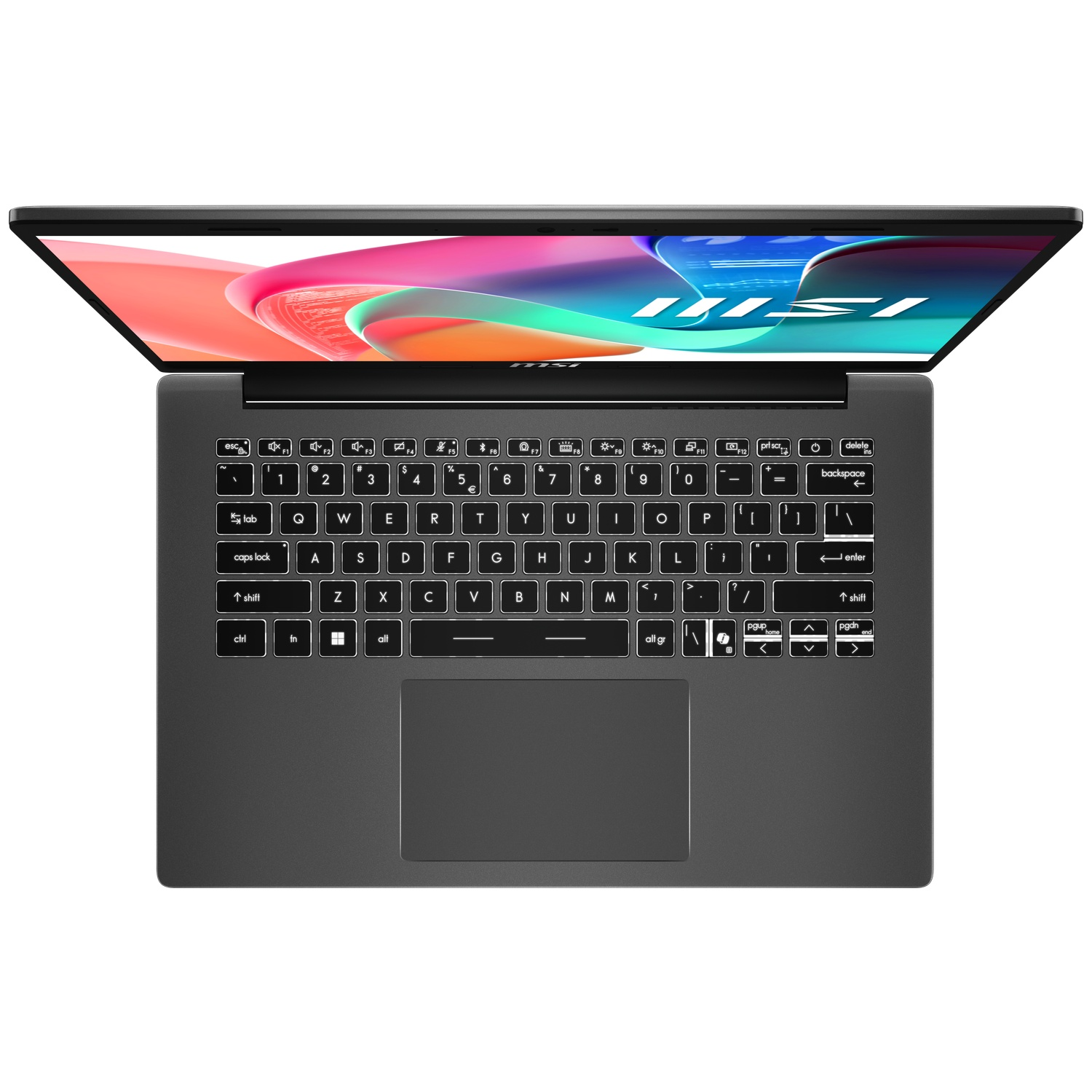 Vue de dessus d'un ordinateur portable MSI gris, avec clavier rétroéclairé et écran coloré.