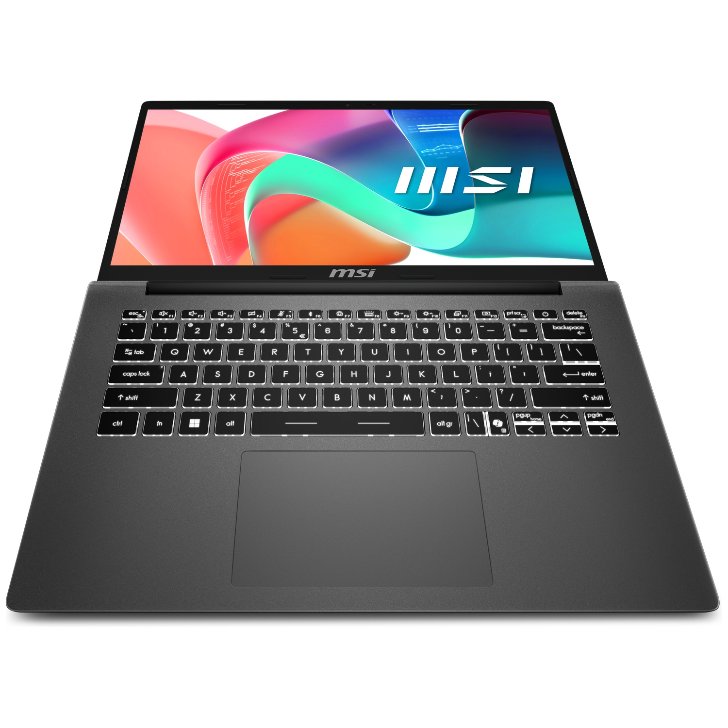 Un ordinateur portable MSI gris foncé ouvert avec un fond d'écran abstrait et un clavier rétroéclairé.