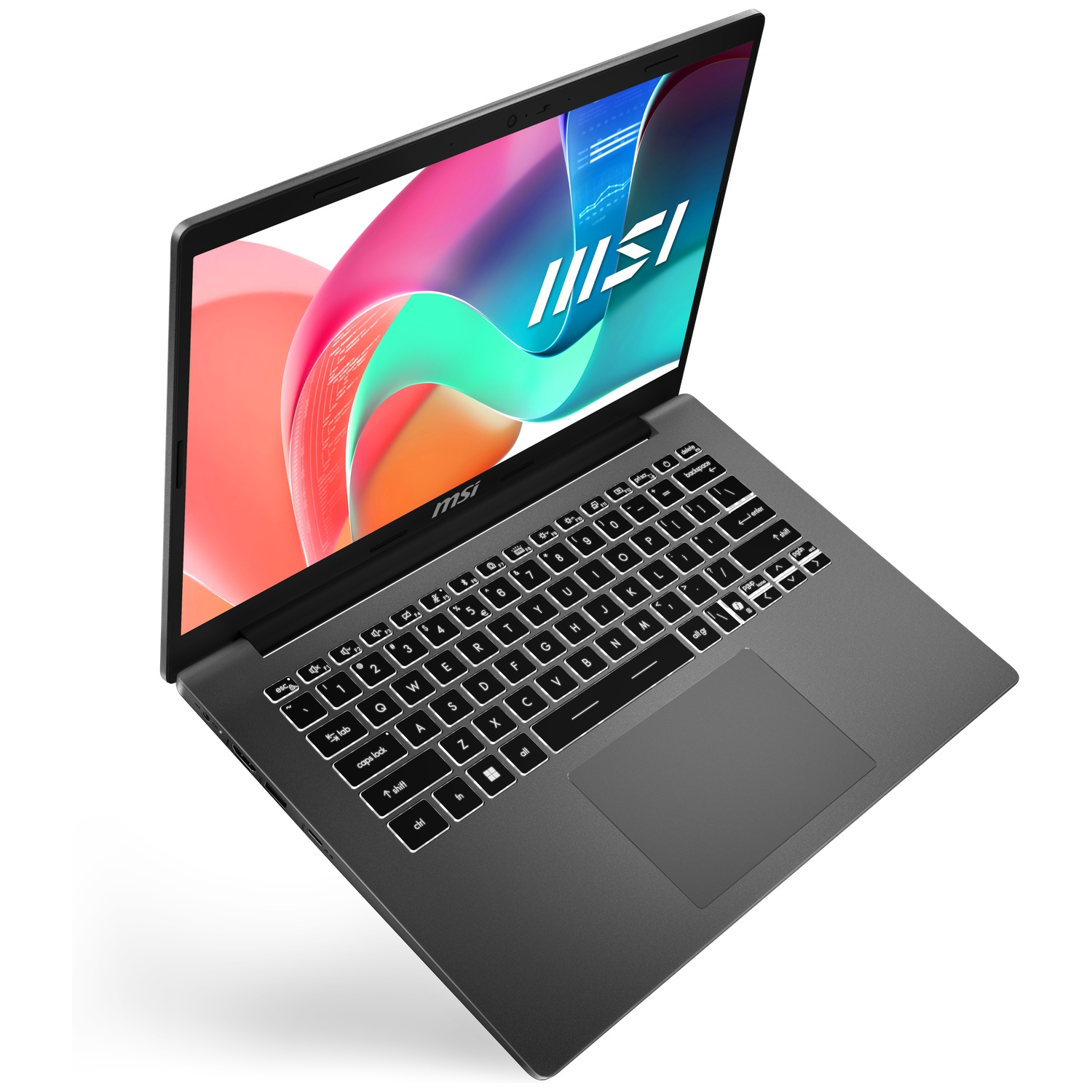 Ordinateur portable MSI gris avec clavier rétroéclairé et fond abstrait coloré à l'écran.