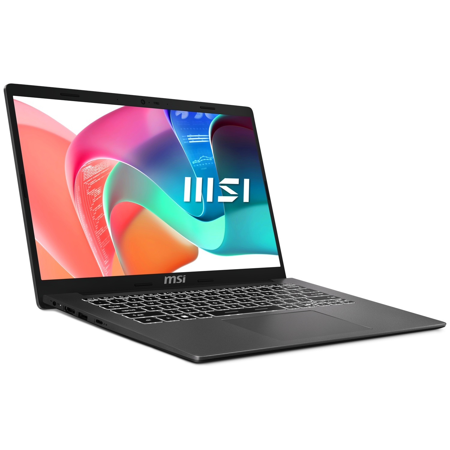 Ordinateur portable MSI noir avec clavier rétroéclairé et fond coloré sur fond blanc.
