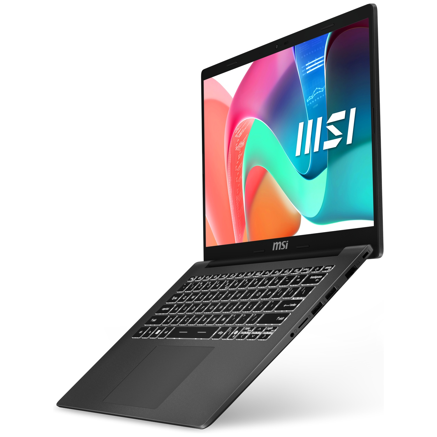 Un ordinateur portable MSI noir est incliné sur fond blanc, affichant un fond d'écran coloré.