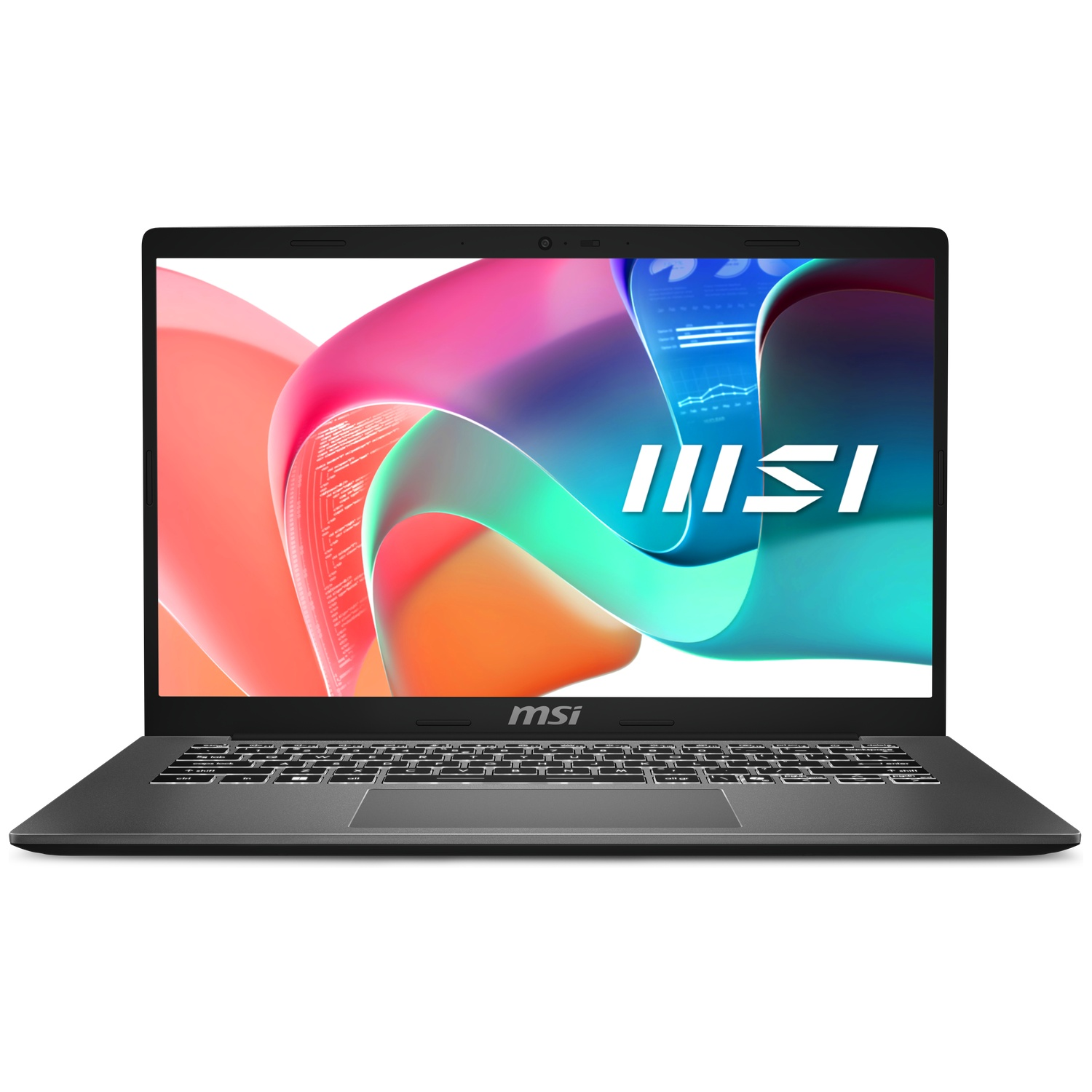 Een zwarte MSI-laptop met verlicht toetsenbord en een kleurrijke abstracte achtergrond tegen een witte achtergrond.