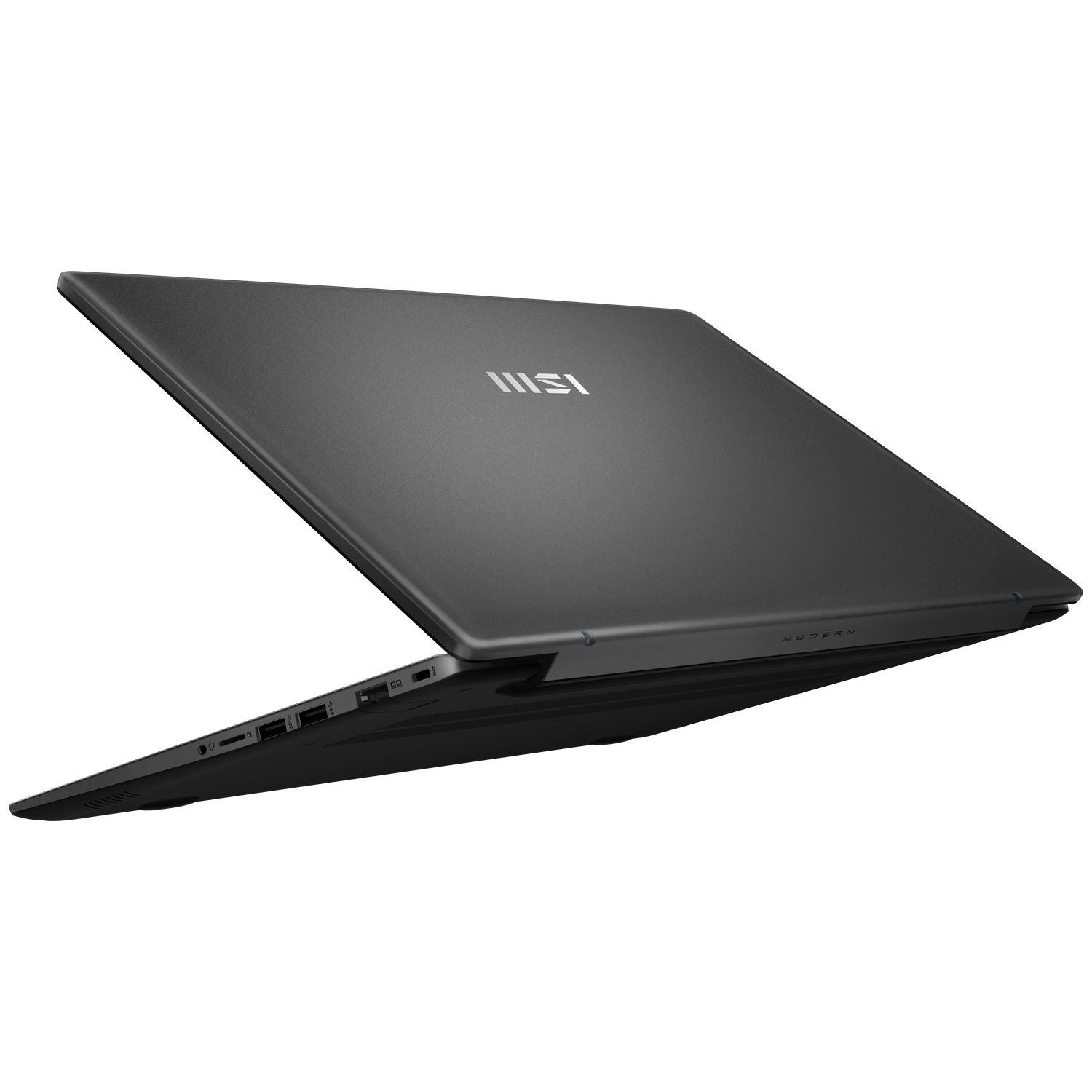 Een gesloten zwarte MSI-laptop gezien vanuit een hoek, met poorten aan de zijkant.