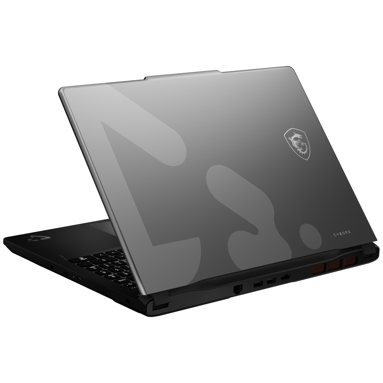 A black and grey MSI Cyborg gaming laptop seen from the rear, showing its translucent lid design.