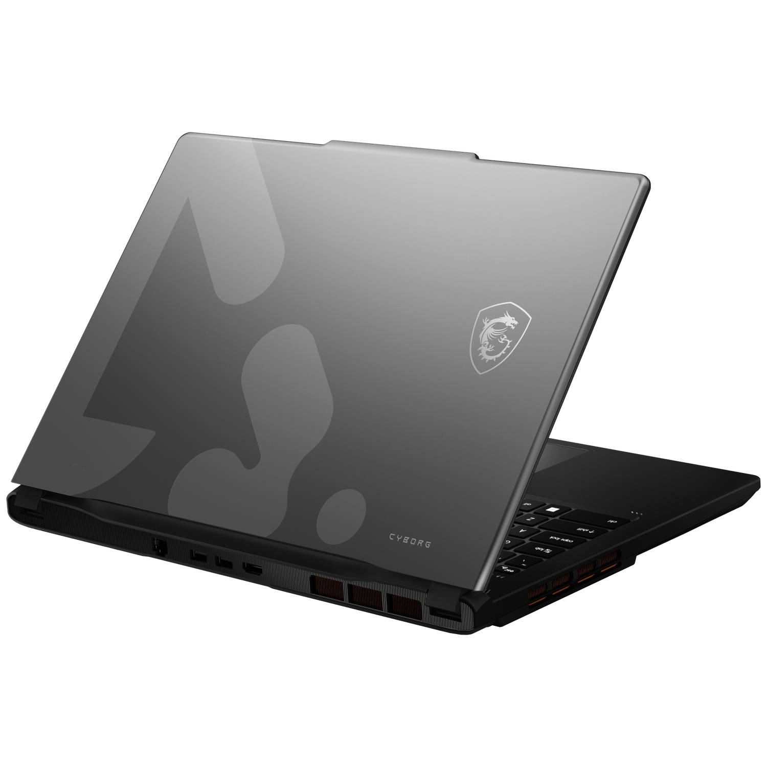 A grey MSI Cyborg gaming laptop with semi-transparent chassis and dragon logo on a white background.